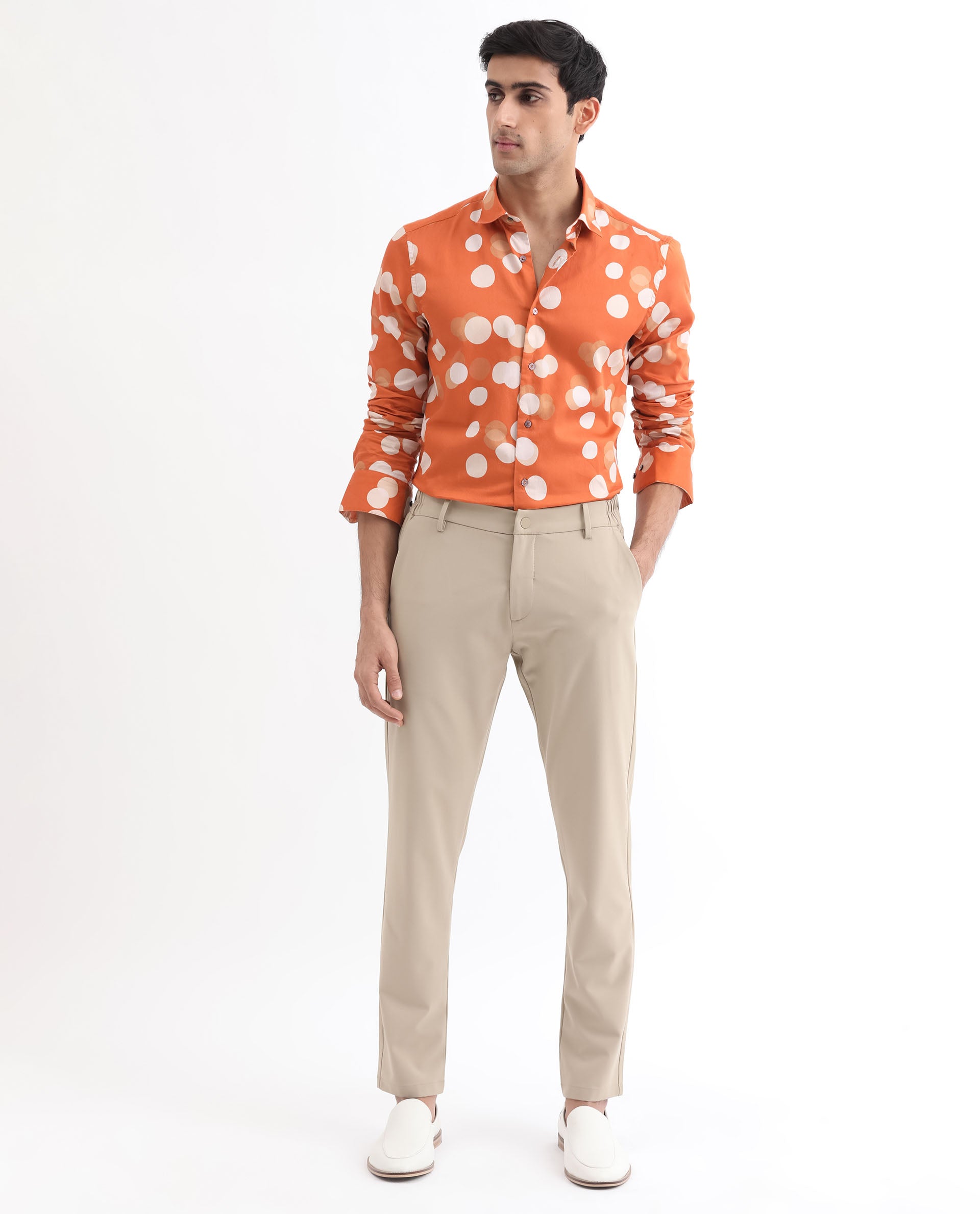 Rare Rabbit Men's Eldes Rust Cotton Modal Fabric Full Sleeves Polka Printed Shirt