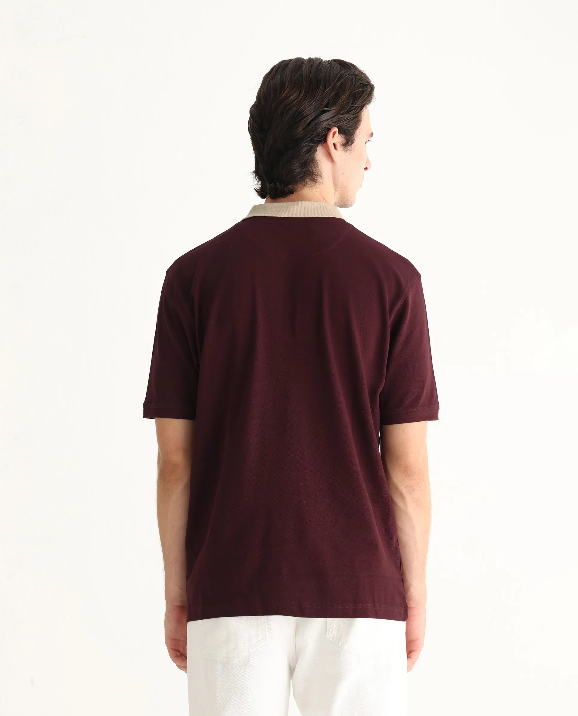 Rare Rabbit Men's Eldon Dark Maroon Cotton Plain Regular Fit Half Sleeve Polo