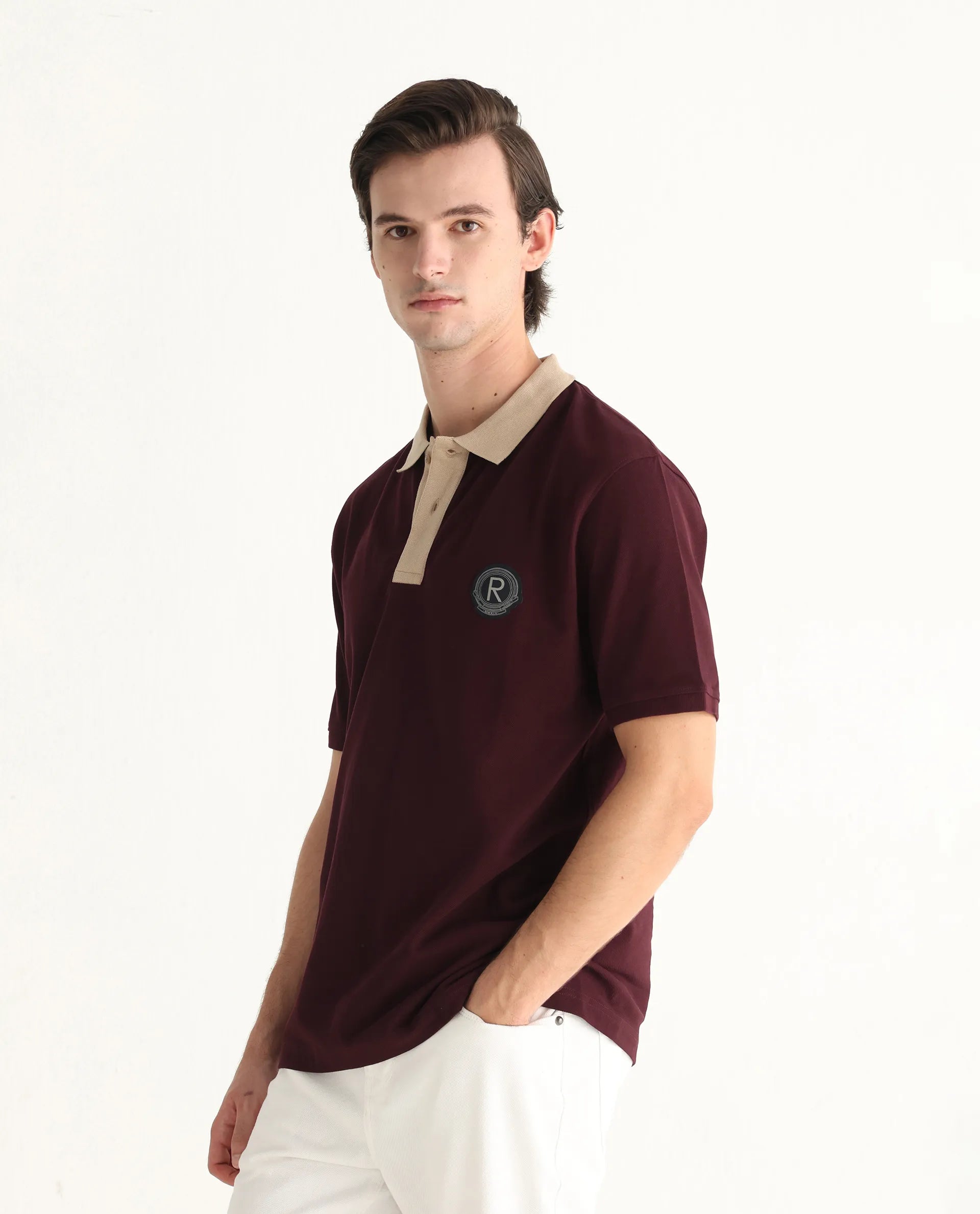 Rare Rabbit Men's Eldon Dark Maroon Cotton Plain Regular Fit Half Sleeve Polo