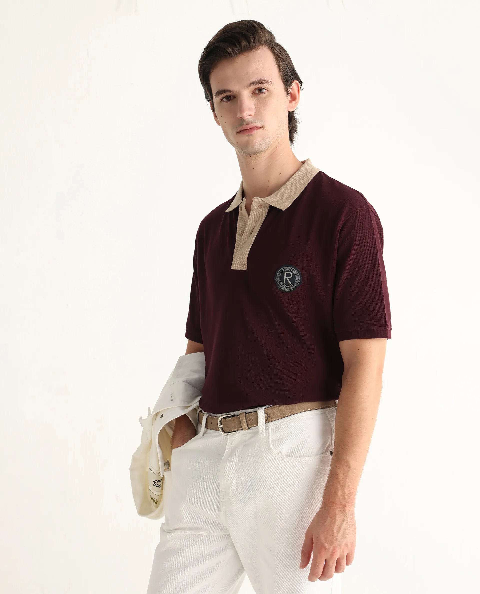 Rare Rabbit Men's Eldon Dark Maroon Cotton Plain Regular Fit Half Sleeve Polo