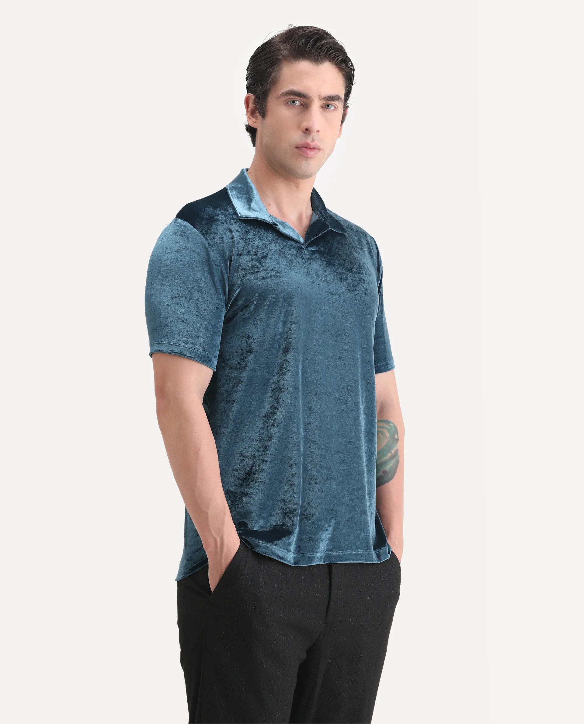 Rare Rabbit Men's Electro Teal Velvet Plain Regular Fit Half Sleeve Polo