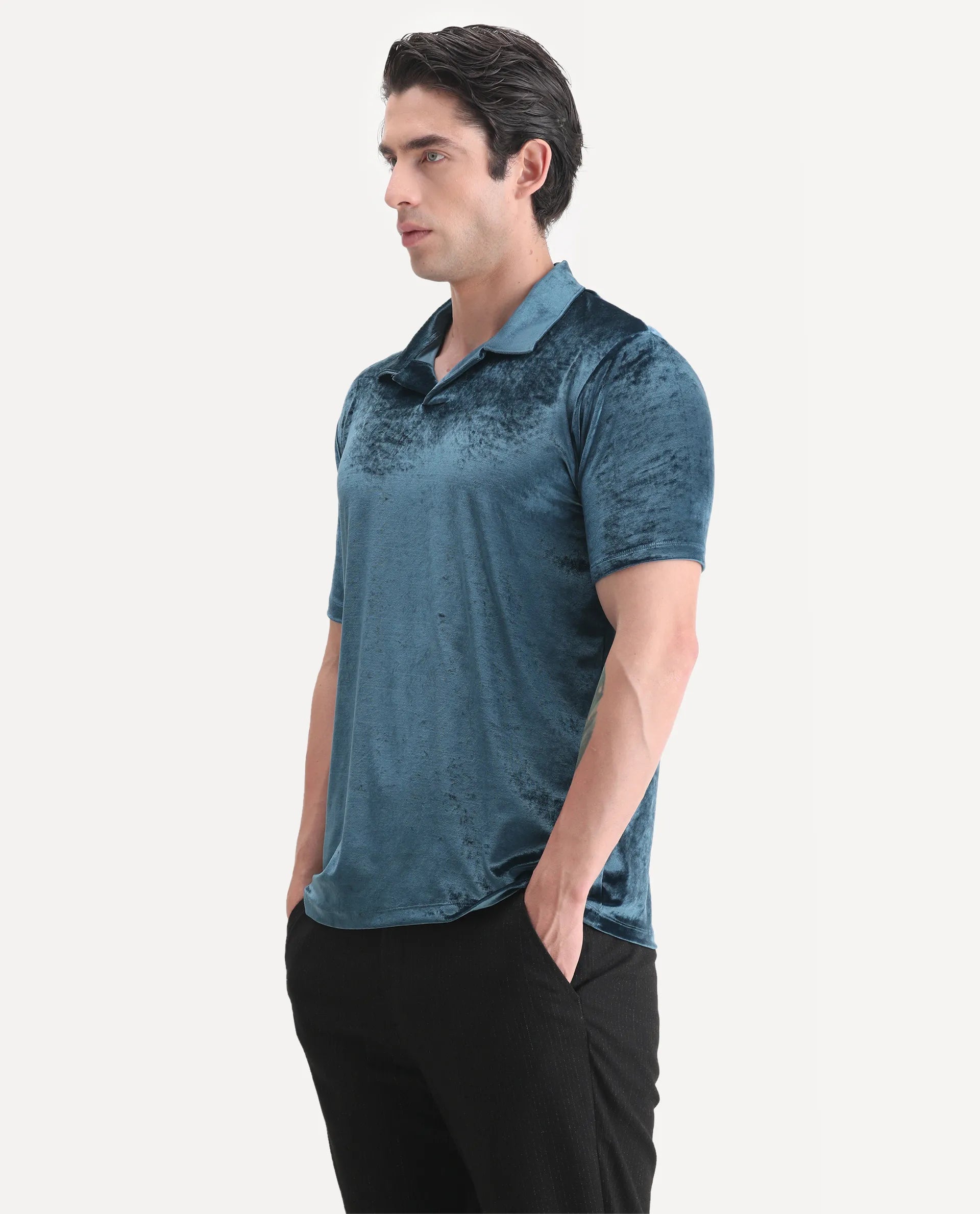 Rare Rabbit Men's Electro Teal Velvet Plain Regular Fit Half Sleeve Polo