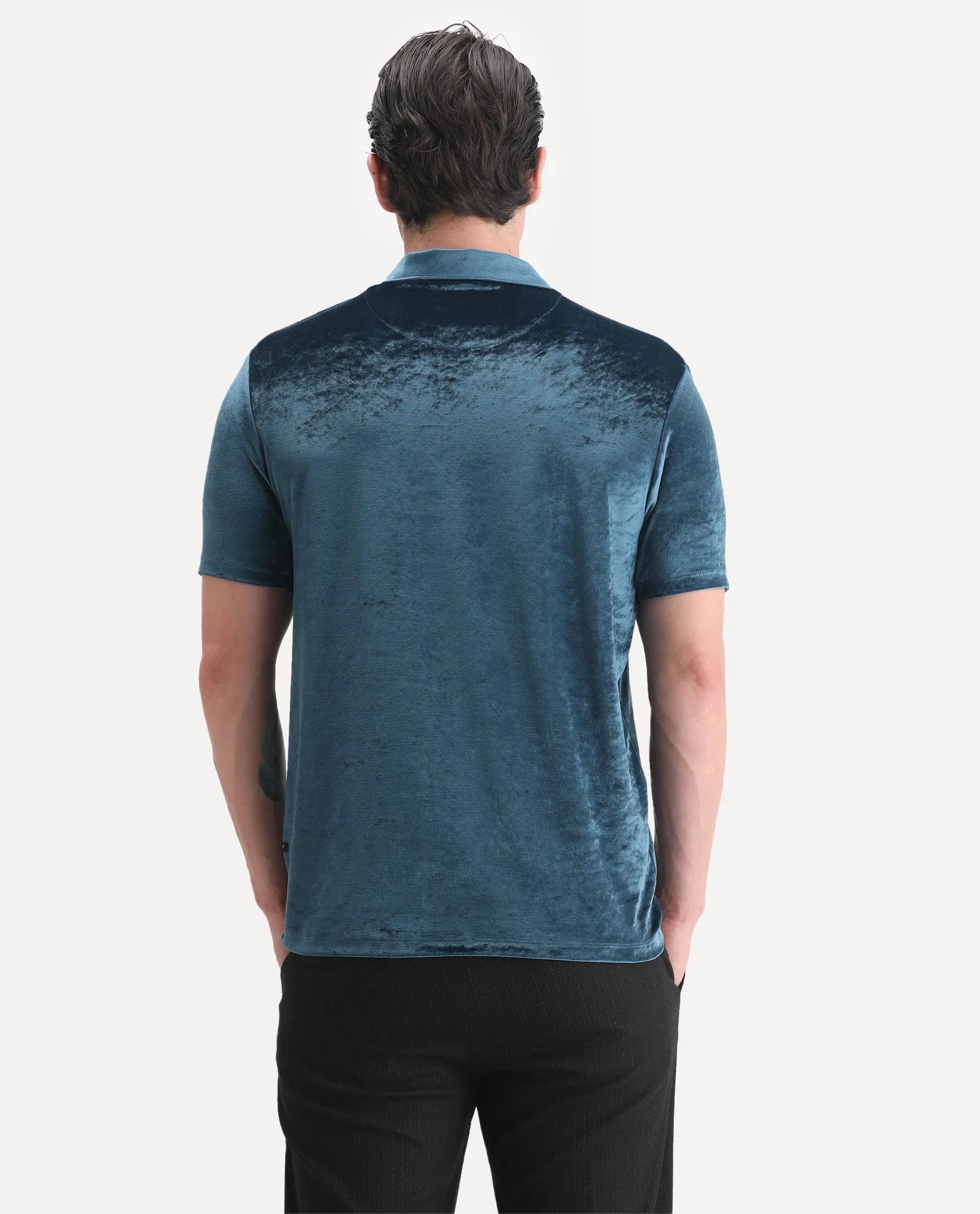 Rare Rabbit Men's Electro Teal Velvet Plain Regular Fit Half Sleeve Polo