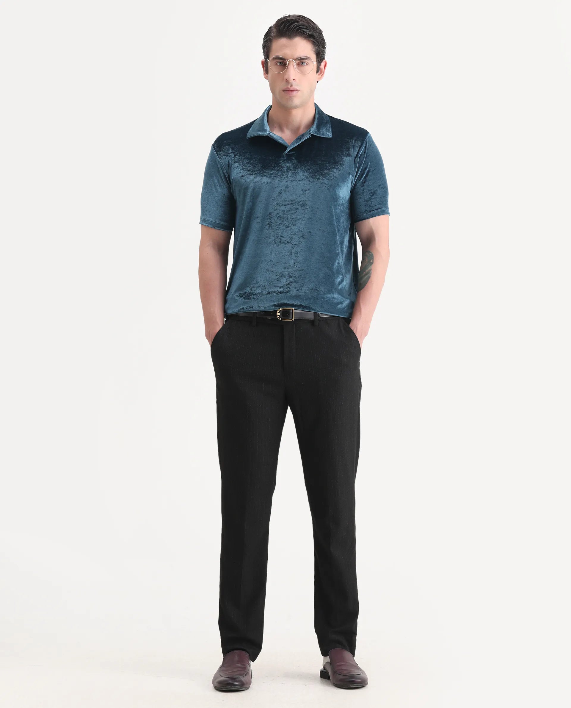 Rare Rabbit Men's Electro Teal Velvet Plain Regular Fit Half Sleeve Polo