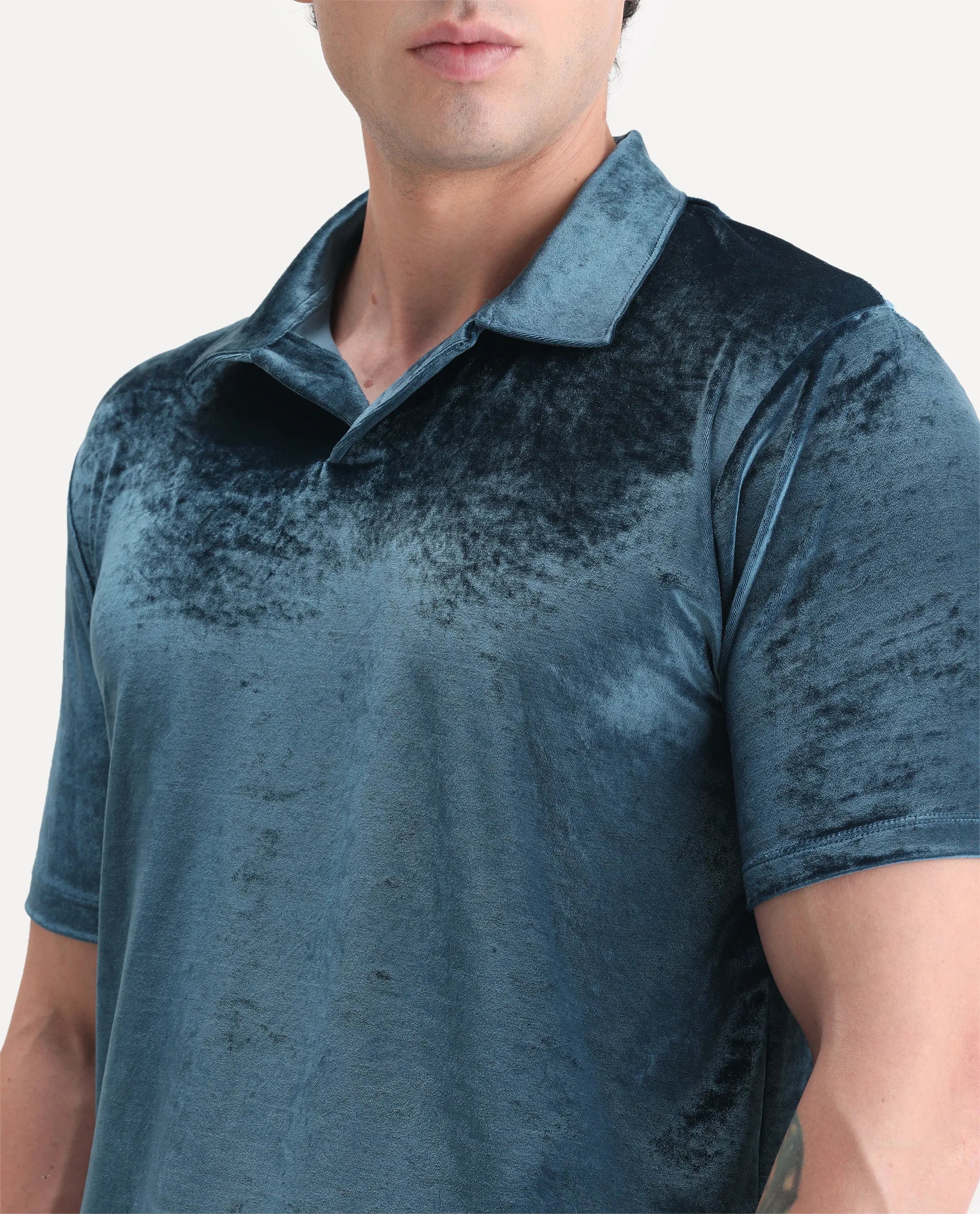 Rare Rabbit Men's Electro Teal Velvet Plain Regular Fit Half Sleeve Polo