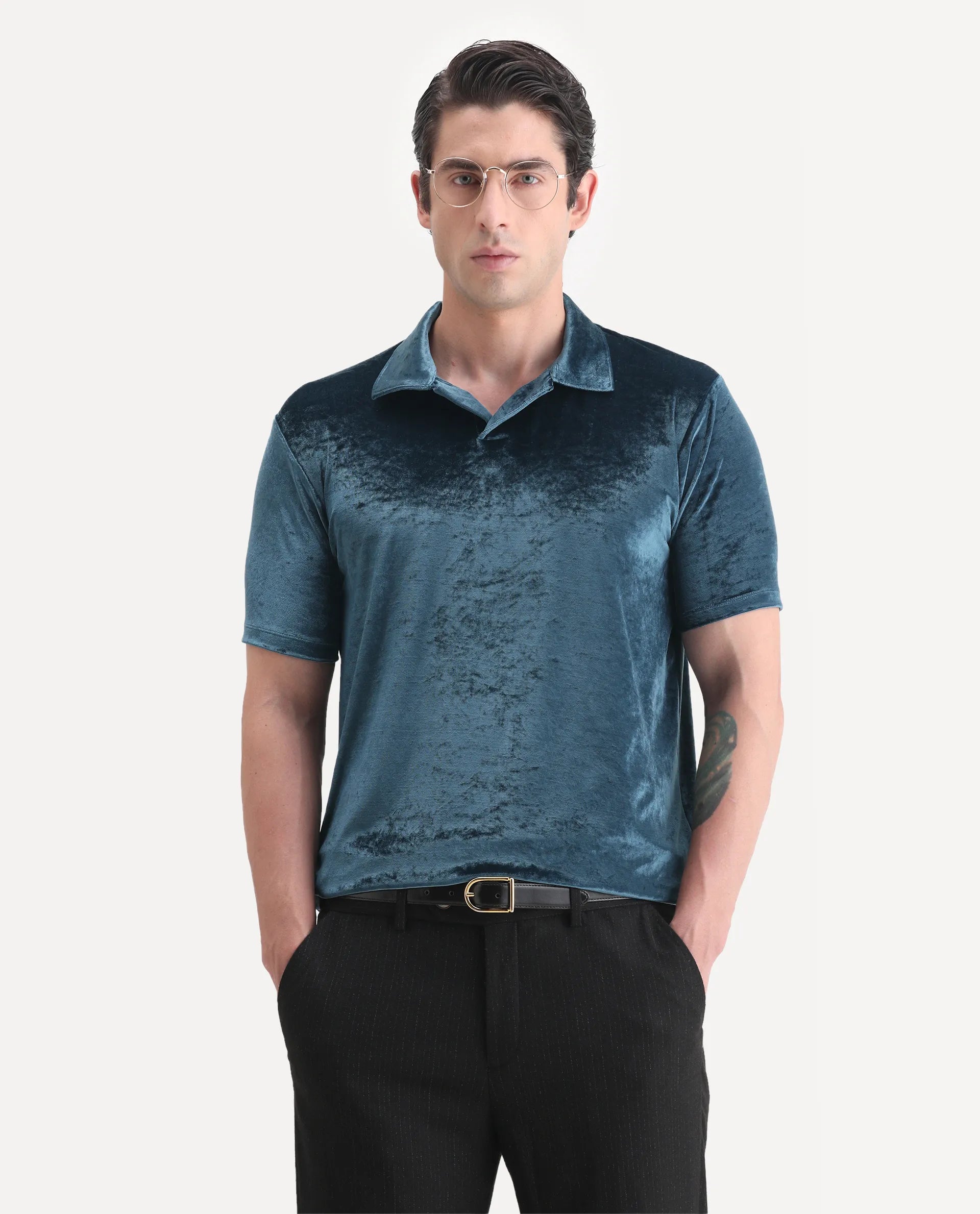 Rare Rabbit Men's Electro Teal Velvet Plain Regular Fit Half Sleeve Polo