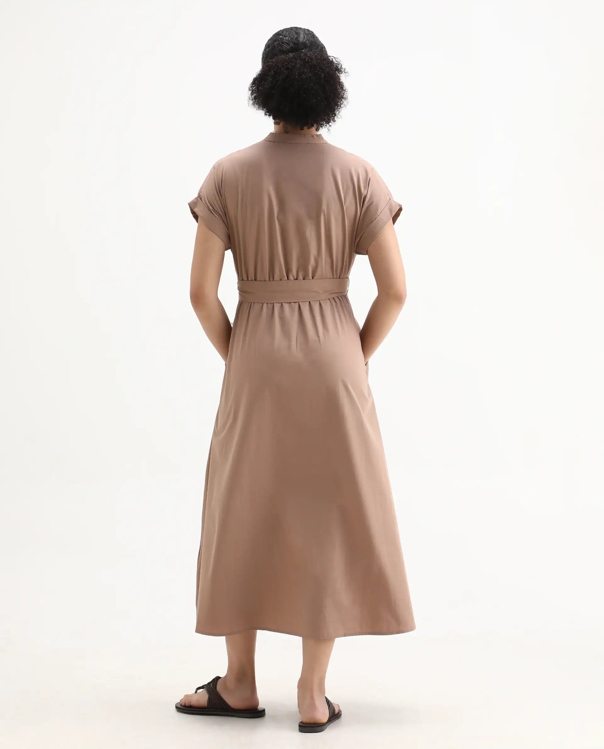 Rareism Women's Eleri Beige Polyester Extended Sleeves Mandarin Collar A-Line Fit Plain Midi Dress