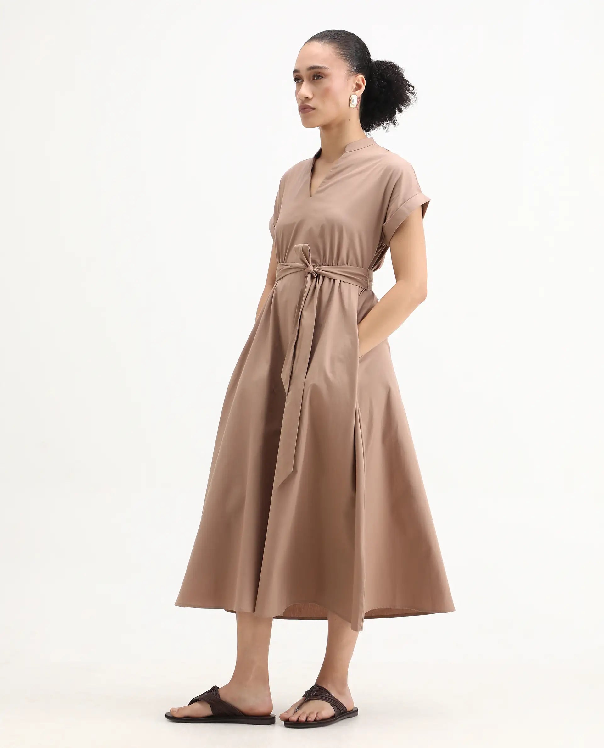 Rareism Women's Eleri Beige Polyester Extended Sleeves Mandarin Collar A-Line Fit Plain Midi Dress