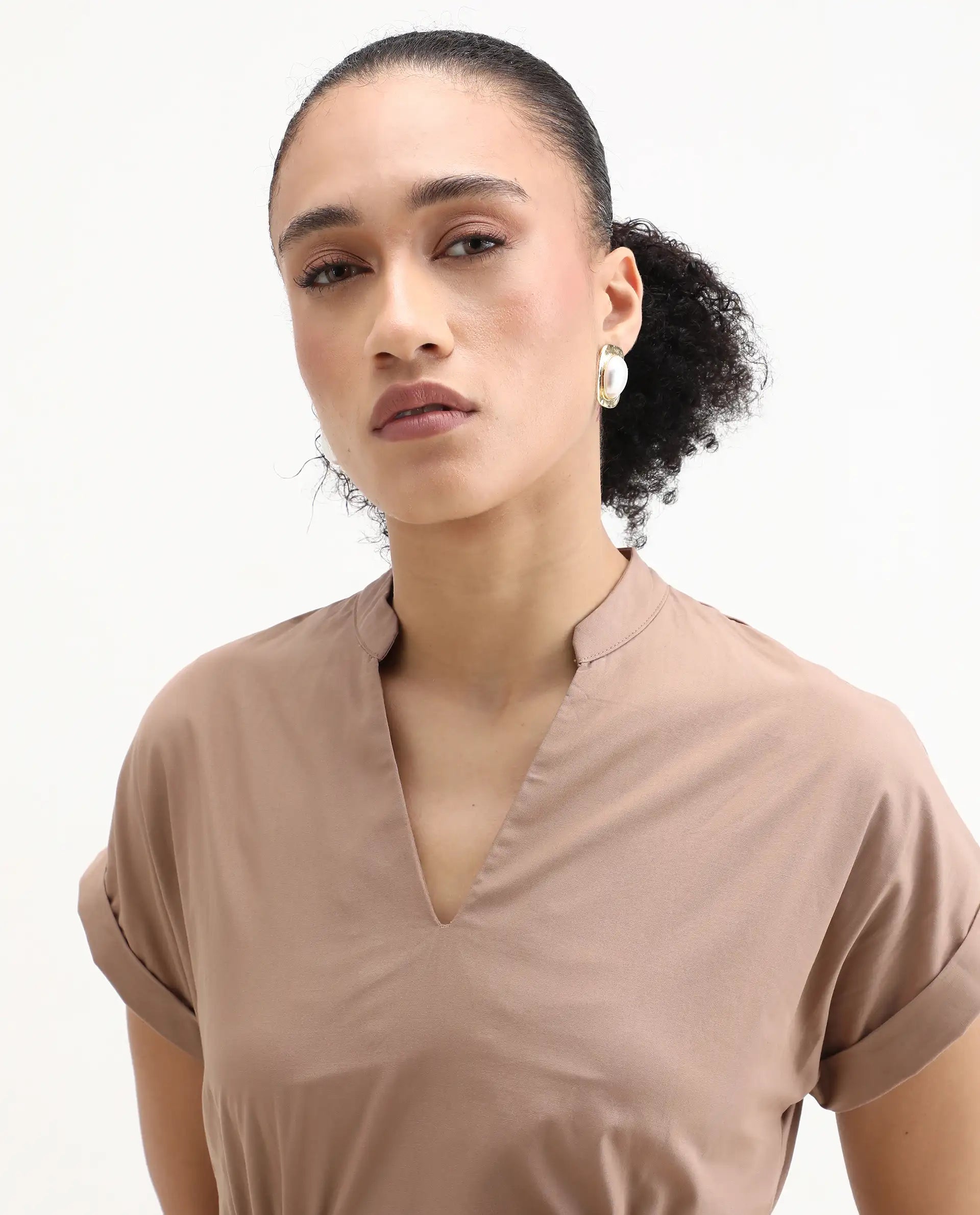 Rareism Women's Eleri Beige Polyester Extended Sleeves Mandarin Collar A-Line Fit Plain Midi Dress