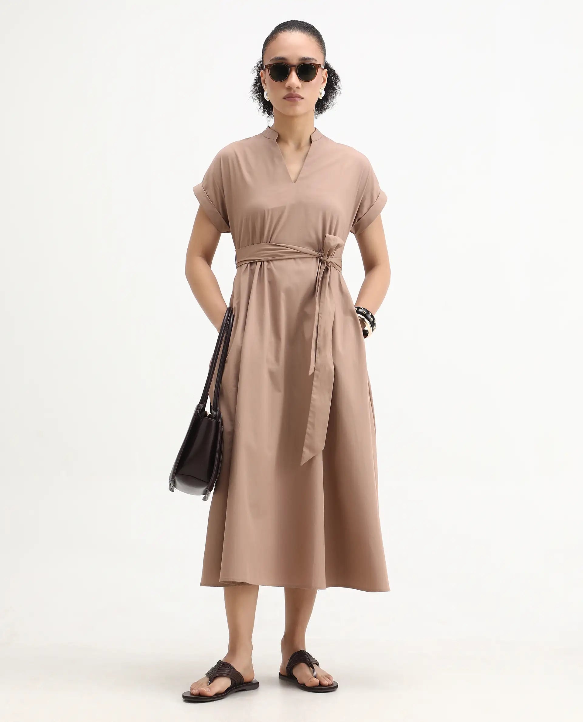 Rareism Women's Eleri Beige Polyester Extended Sleeves Mandarin Collar A-Line Fit Plain Midi Dress