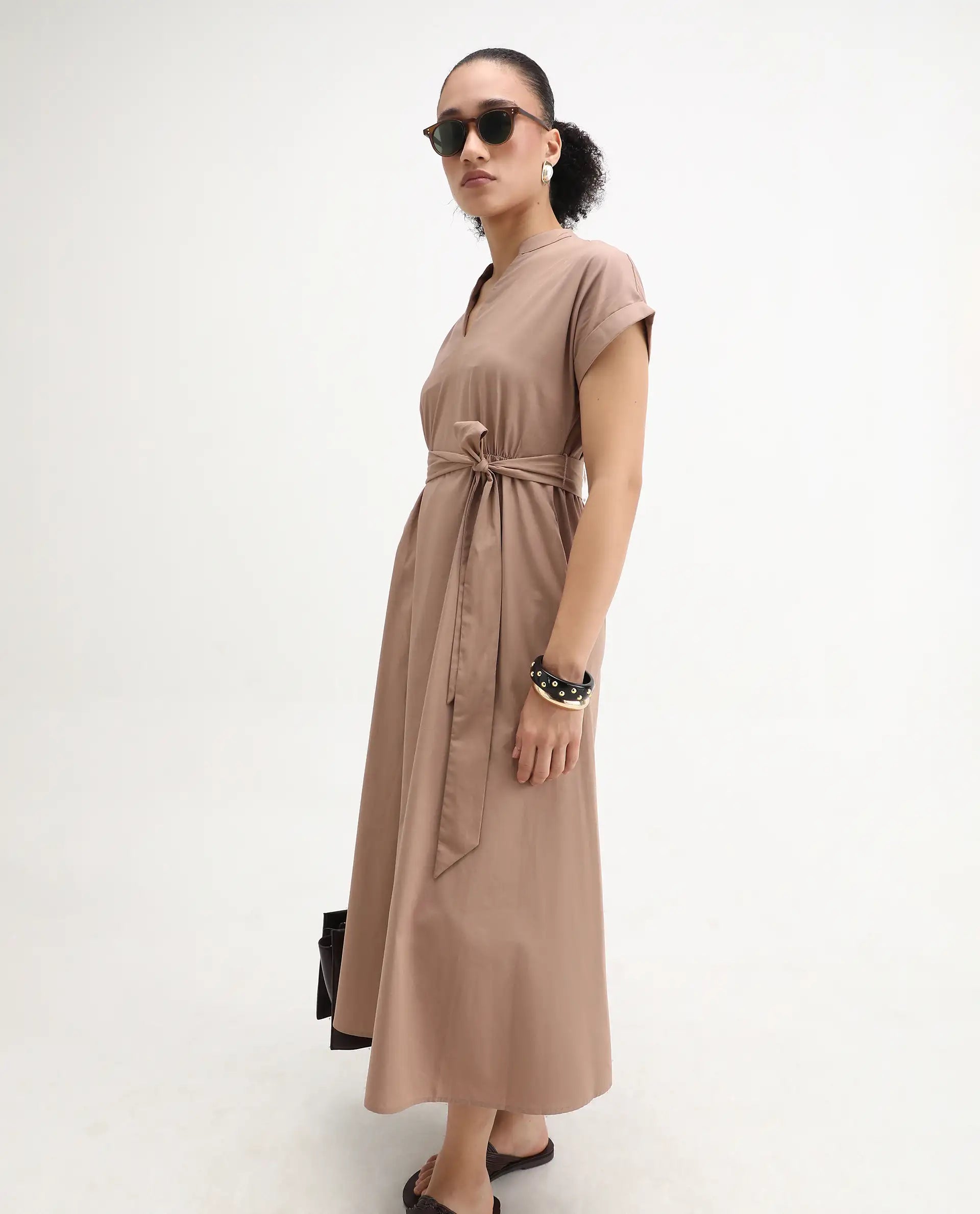 Rareism Women's Eleri Beige Polyester Extended Sleeves Mandarin Collar A-Line Fit Plain Midi Dress