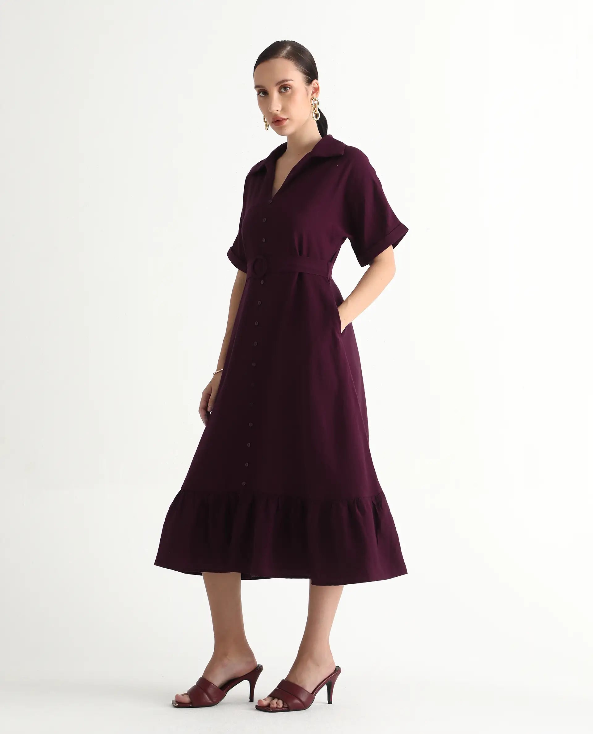 Rareism Women's Elhan Maroon Polyester Extended Sleeves Jonny Collar A-Line Fit Plain Midi Dress