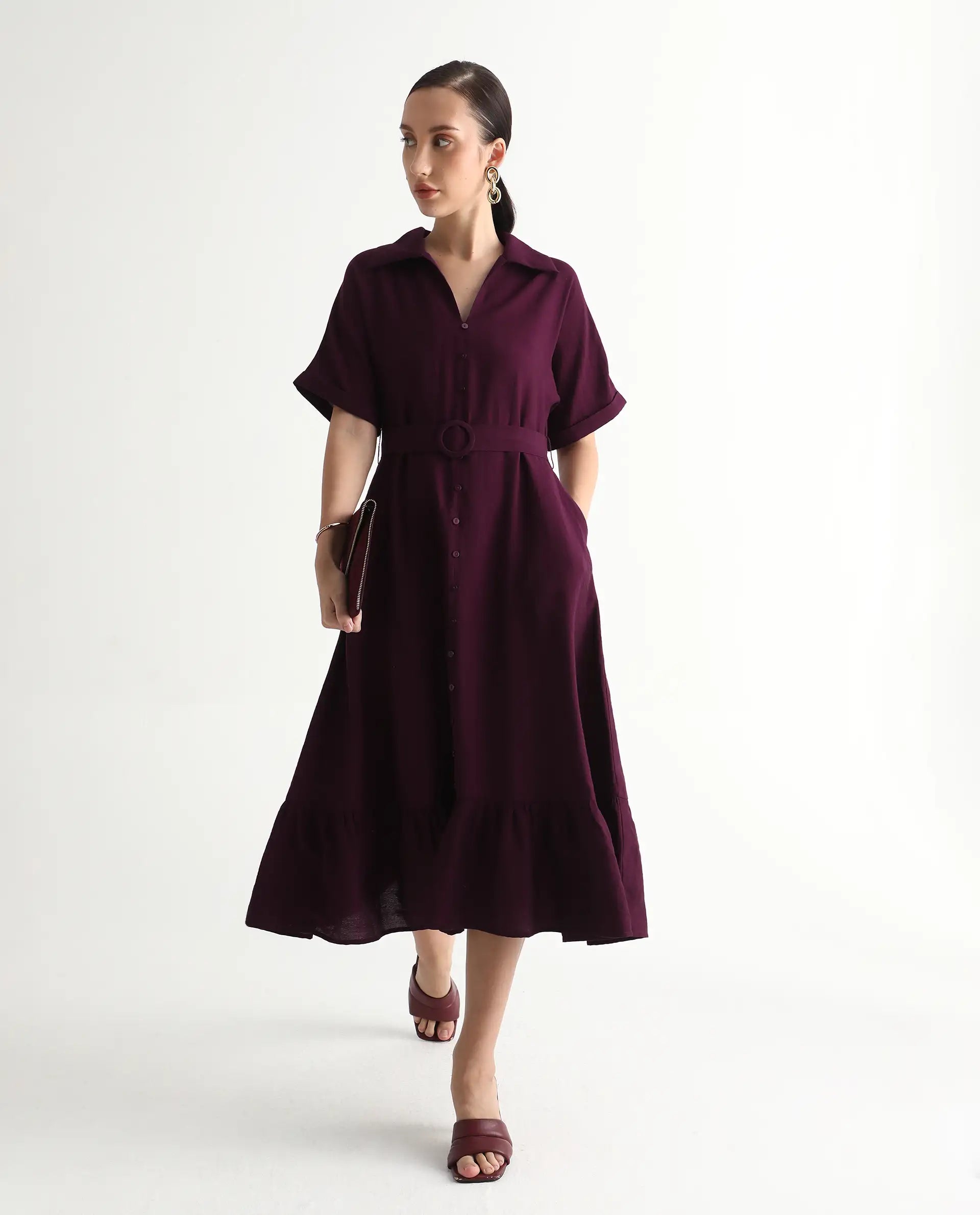 Rareism Women's Elhan Maroon Polyester Extended Sleeves Jonny Collar A-Line Fit Plain Midi Dress