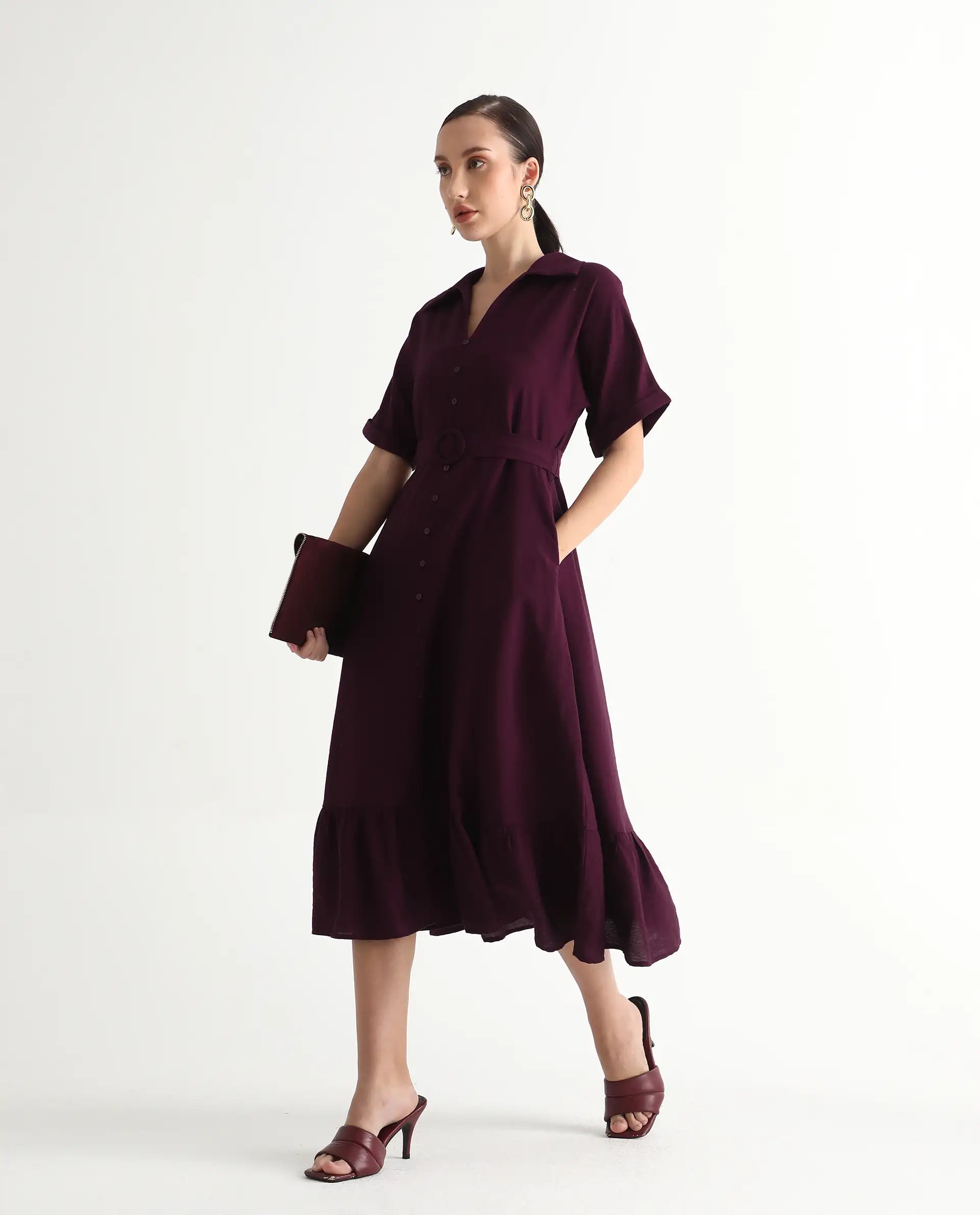 Rareism Women's Elhan Maroon Polyester Extended Sleeves Jonny Collar A-Line Fit Plain Midi Dress