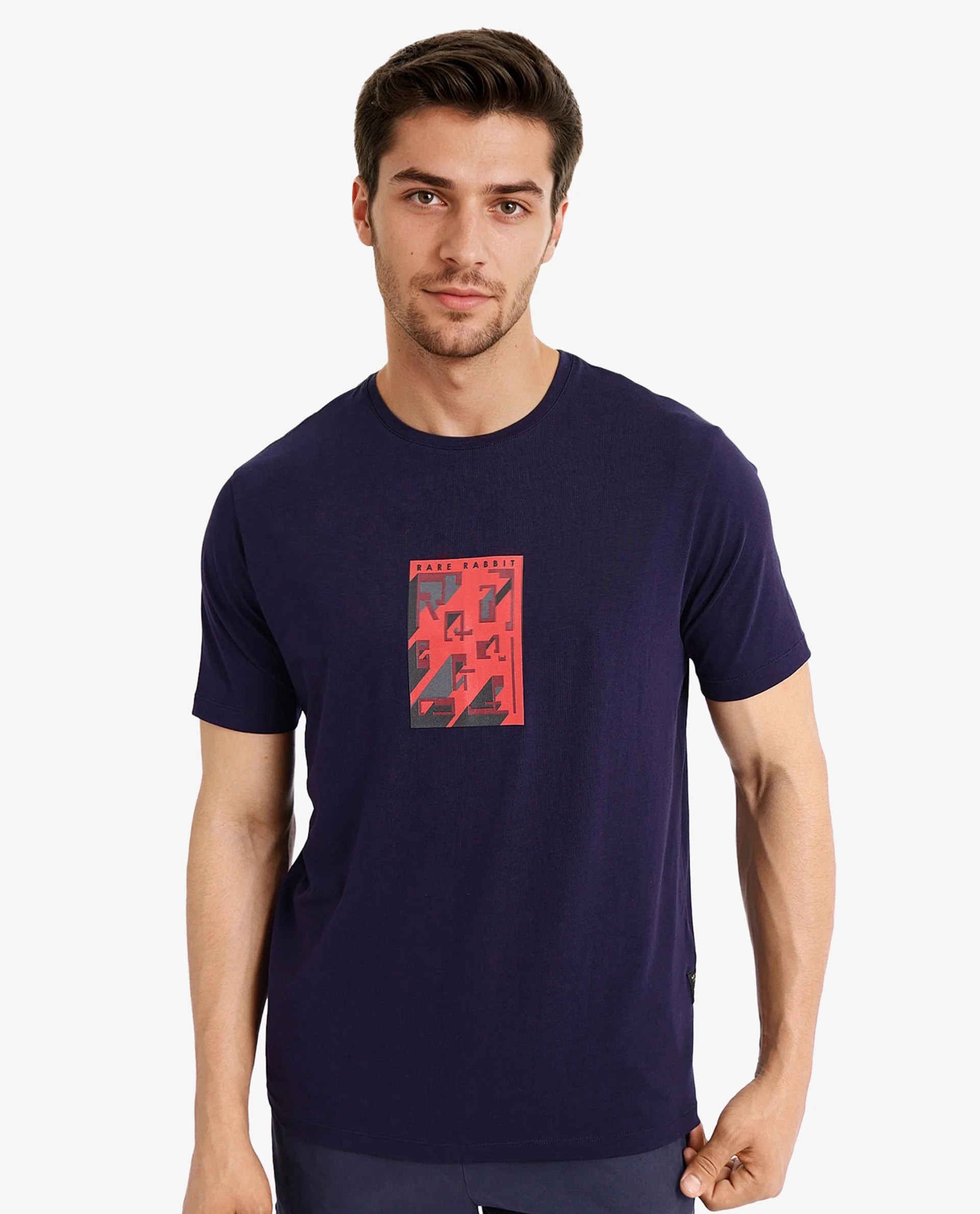 Rare Rabbit Men Elih Navy Cotton Lycra Fabric Short Sleeve Crew Neck Regular Fit Graphic Print T-Shirt