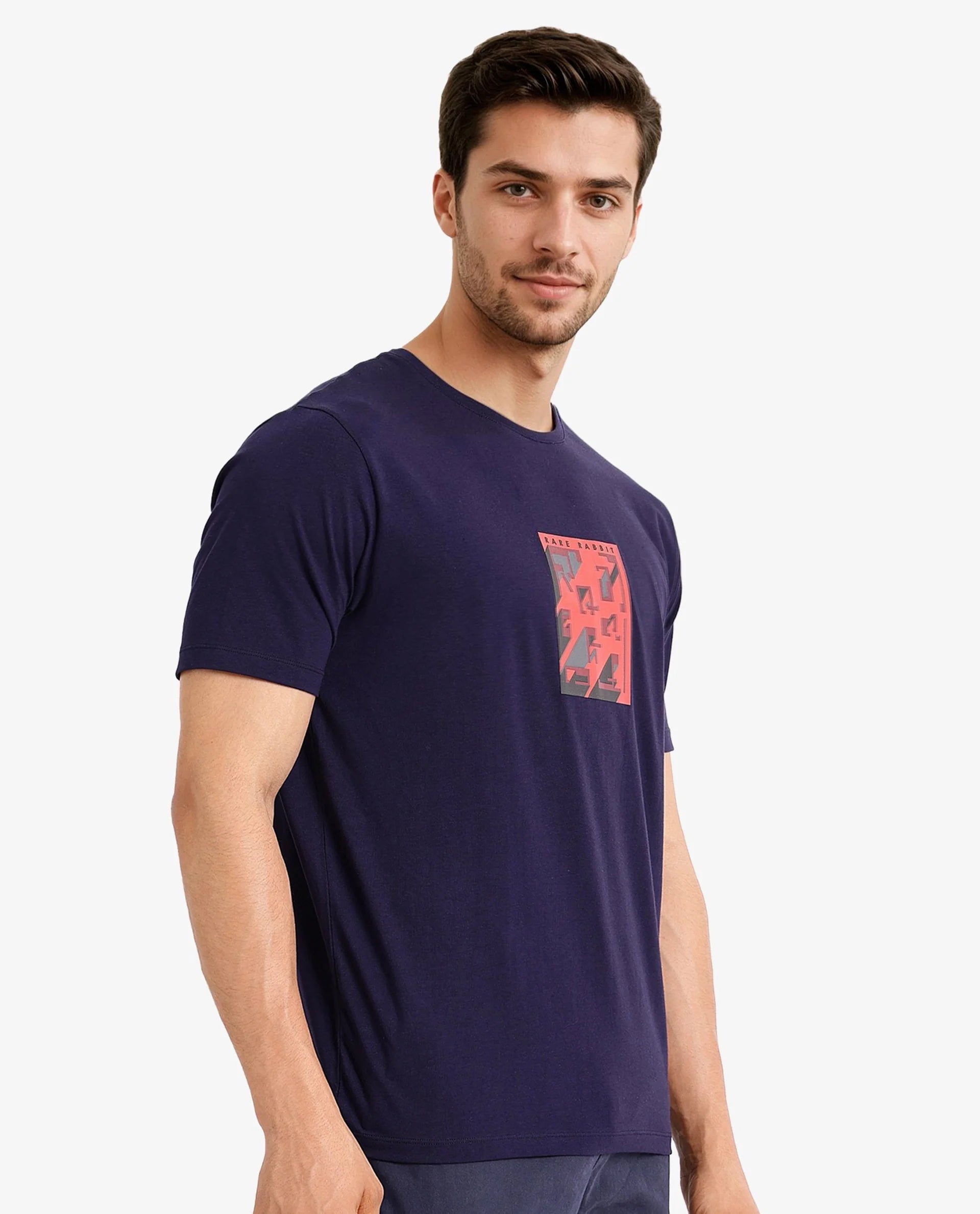 Rare Rabbit Men Elih Navy Cotton Lycra Fabric Short Sleeve Crew Neck Regular Fit Graphic Print T-Shirt