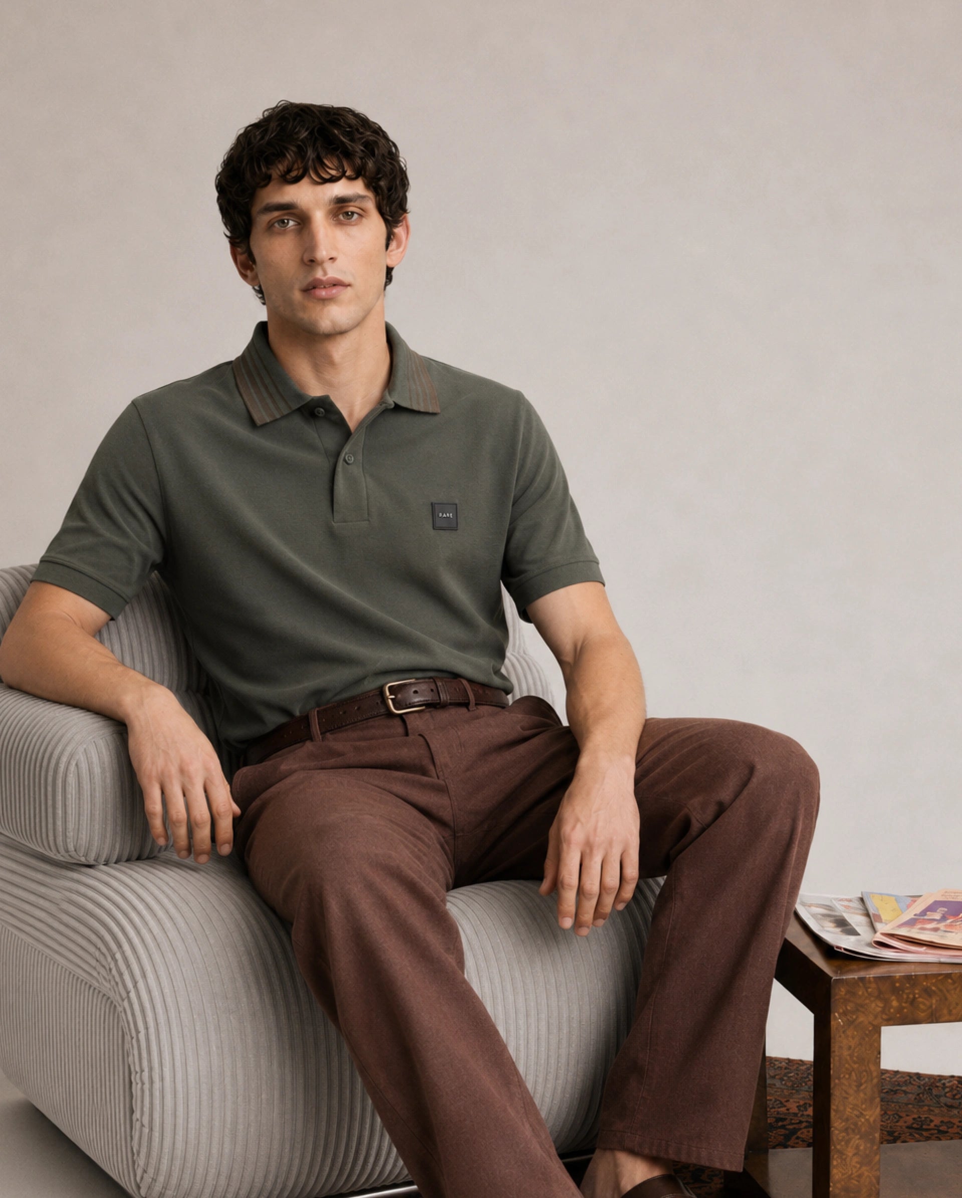 Rare Rabbit Men's Elio Olive Cotton Blend Spread Collar Regular Plain Polo