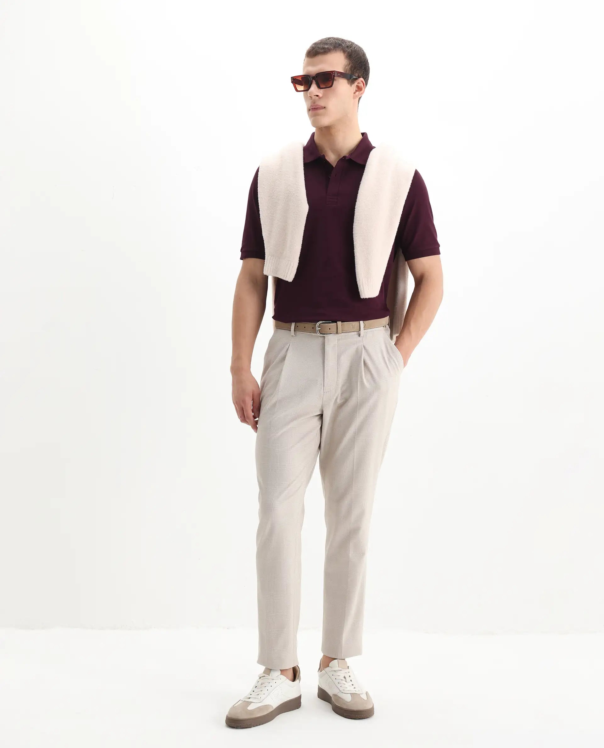 Rare Rabbit Men's Elixir Maroon Cotton Blend Plain Regular Fit Half Sleeve Polo