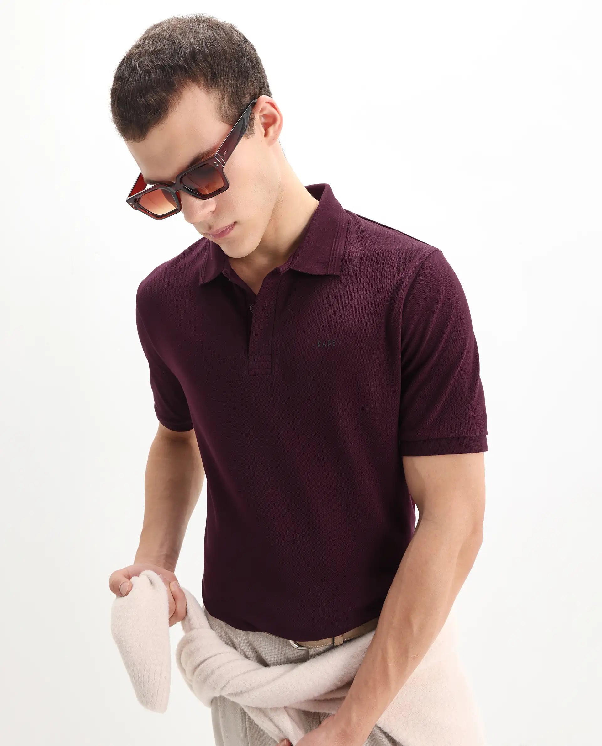 Rare Rabbit Men's Elixir Maroon Cotton Blend Plain Regular Fit Half Sleeve Polo