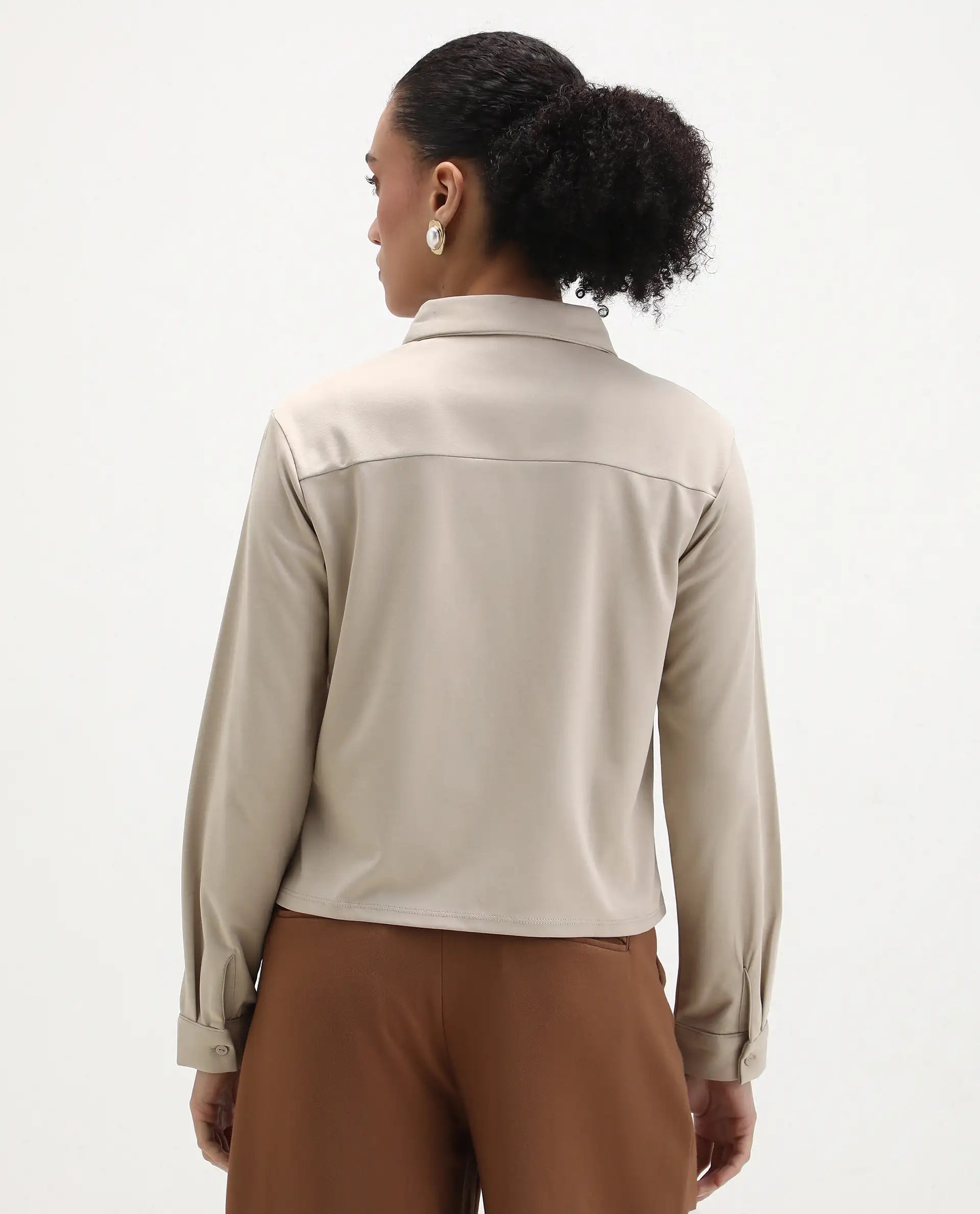 Rareism Women's Ellery Beige Cotton Blend Drop Collar Plain Regular Fit Shirt