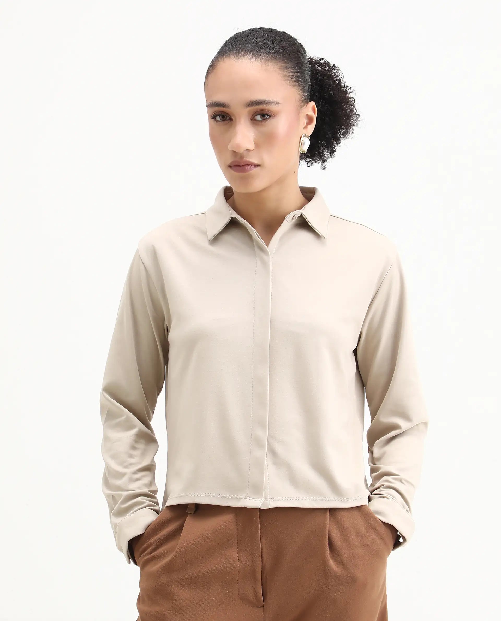 Rareism Women's Ellery Beige Cotton Blend Drop Collar Plain Regular Fit Shirt