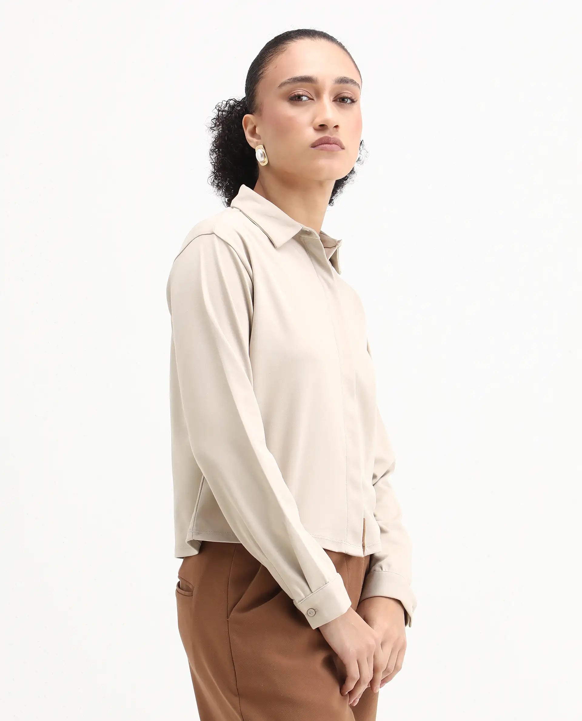 Rareism Women's Ellery Beige Cotton Blend Drop Collar Plain Regular Fit Shirt