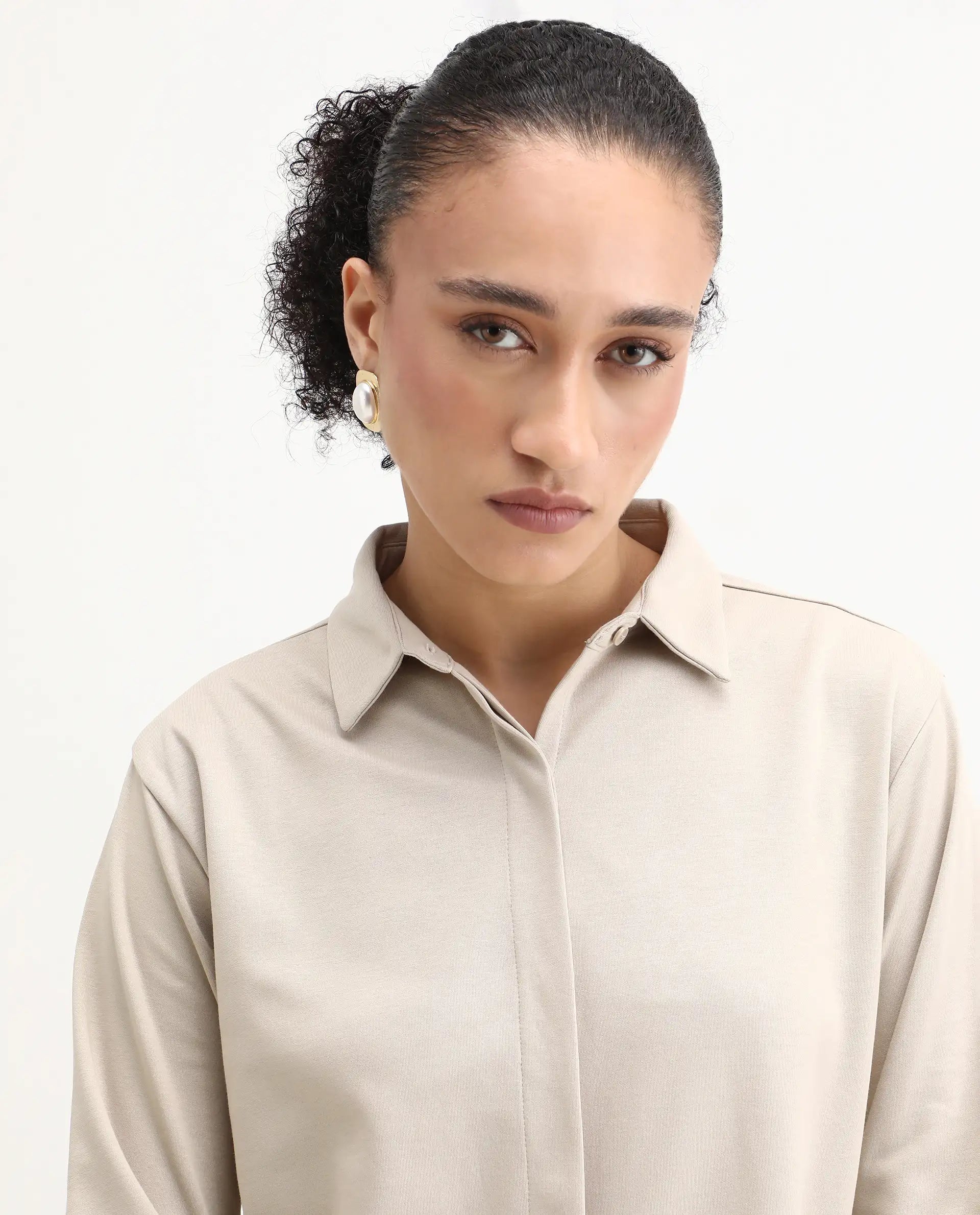 Rareism Women's Ellery Beige Cotton Blend Drop Collar Plain Regular Fit Shirt