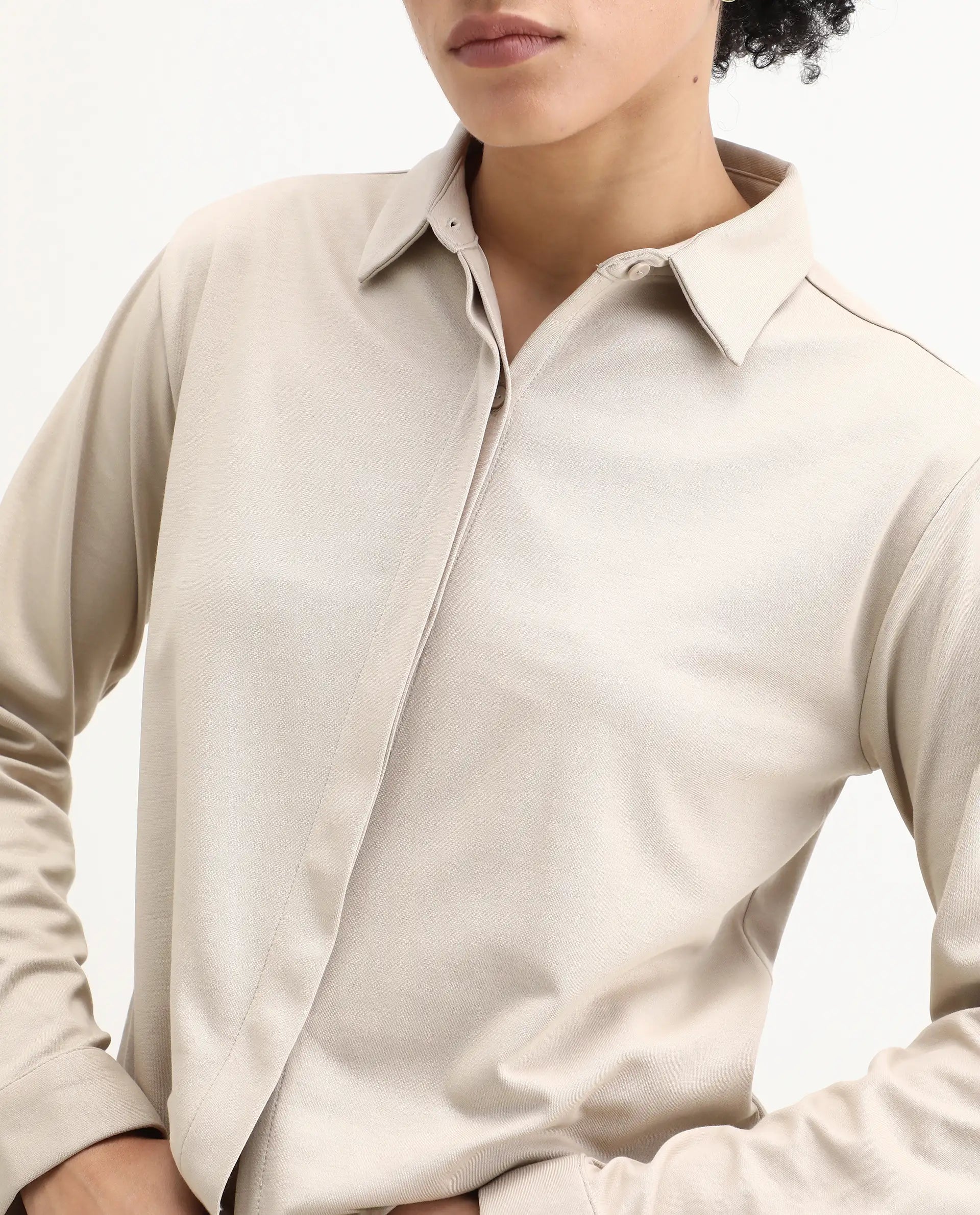 Rareism Women's Ellery Beige Cotton Blend Drop Collar Plain Regular Fit Shirt