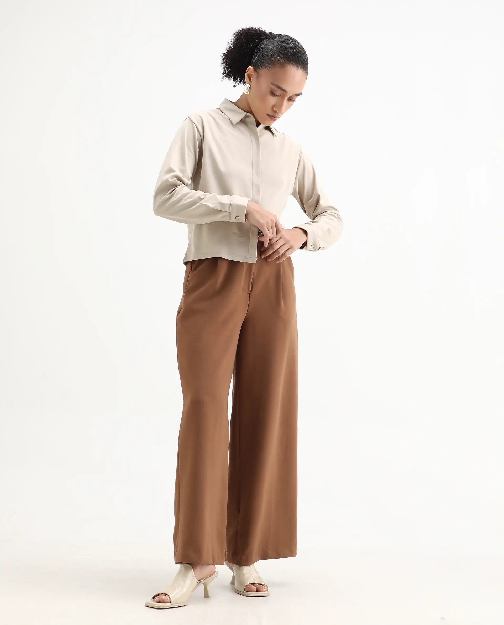 Rareism Women's Ellery Beige Cotton Blend Drop Collar Plain Regular Fit Shirt