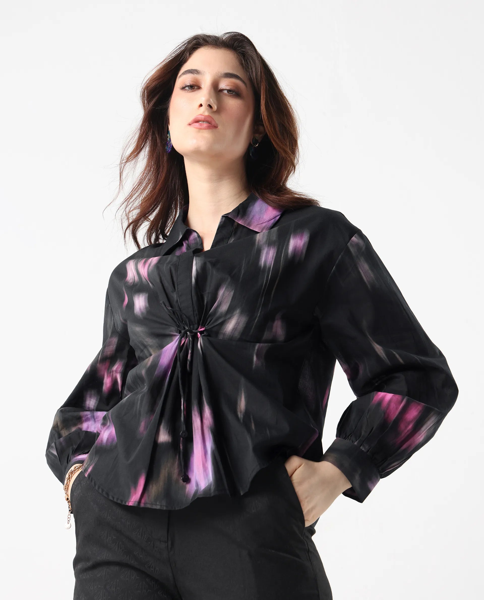 Rareism Women's Ellyn Black Cotton Bishop Sleeve Collared Neck Relaxed Fit Top