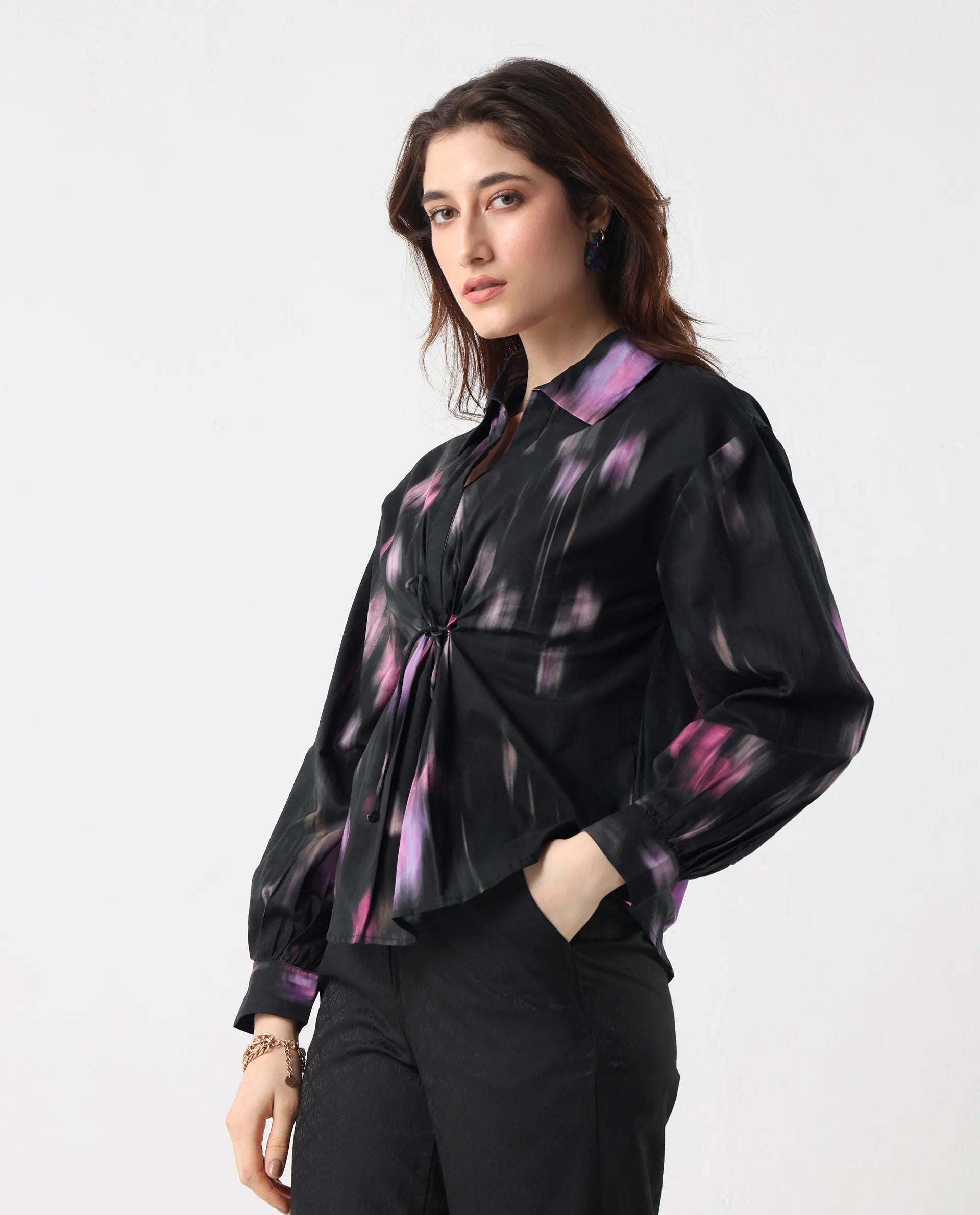 Rareism Women's Ellyn Black Cotton Bishop Sleeve Collared Neck Relaxed Fit Top