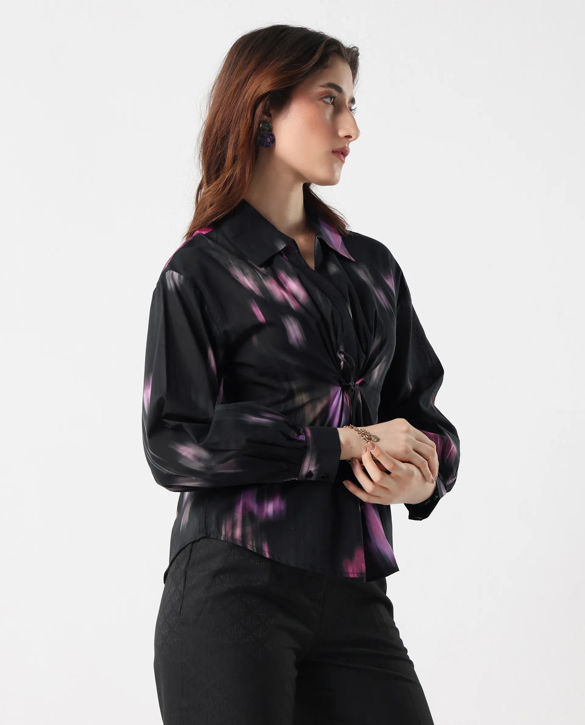 Rareism Women's Ellyn Black Cotton Bishop Sleeve Collared Neck Relaxed Fit Top