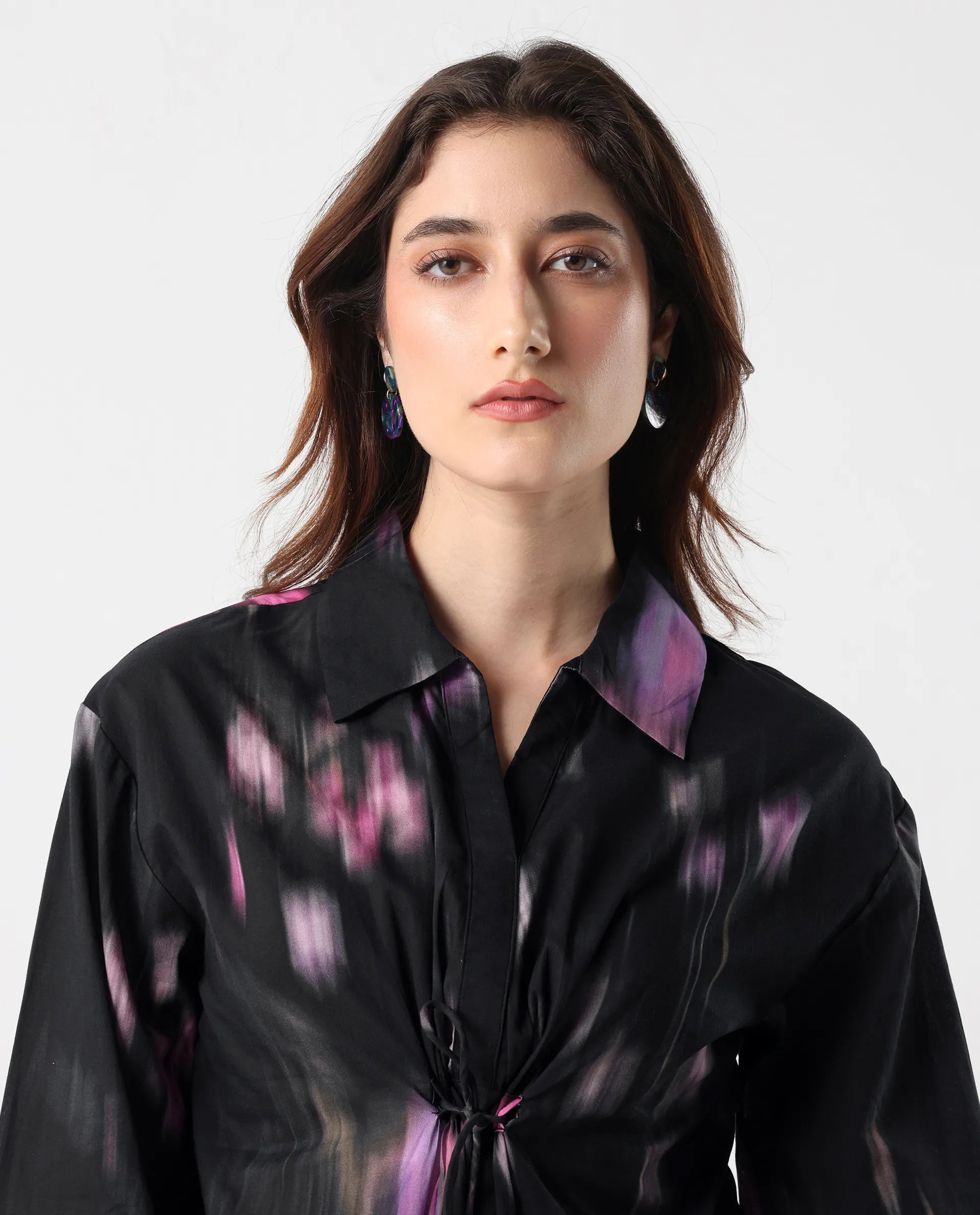 Rareism Women's Ellyn Black Cotton Bishop Sleeve Collared Neck Relaxed Fit Top