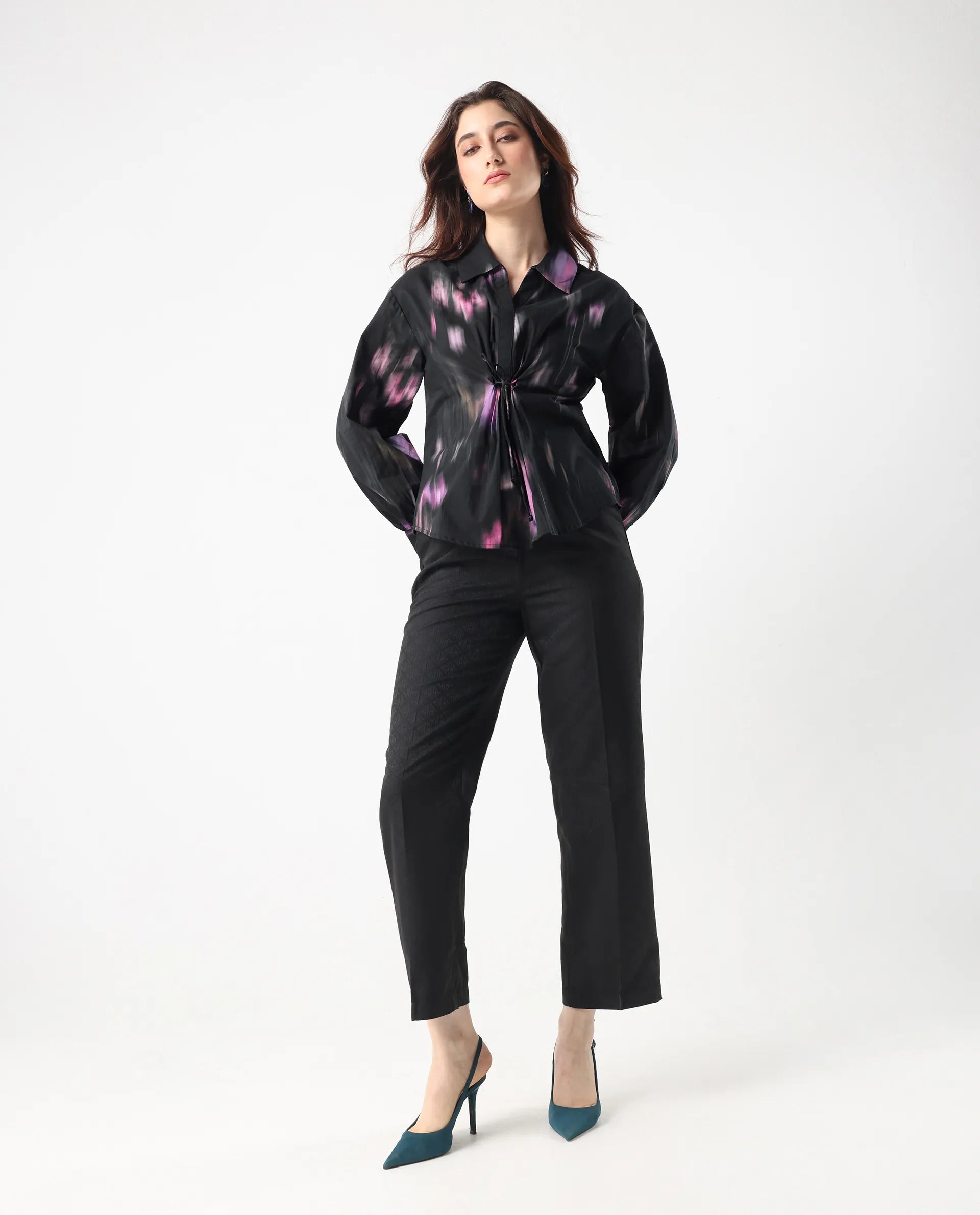 Rareism Women's Ellyn Black Cotton Bishop Sleeve Collared Neck Relaxed Fit Top