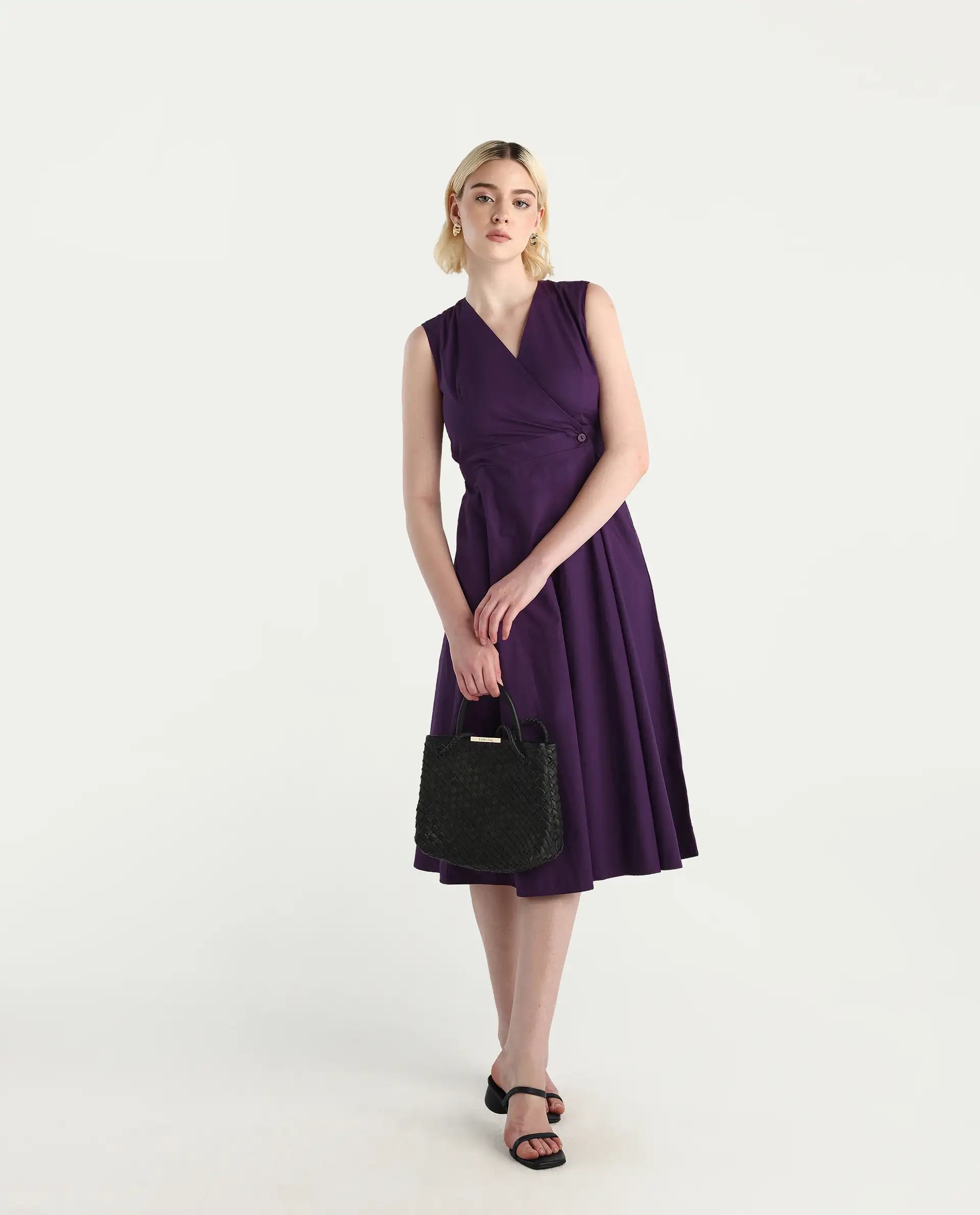 Rareism Women's Elmos Purple Cotton Sleeveless V-Neck A-Line Fit Plain Midi Dress