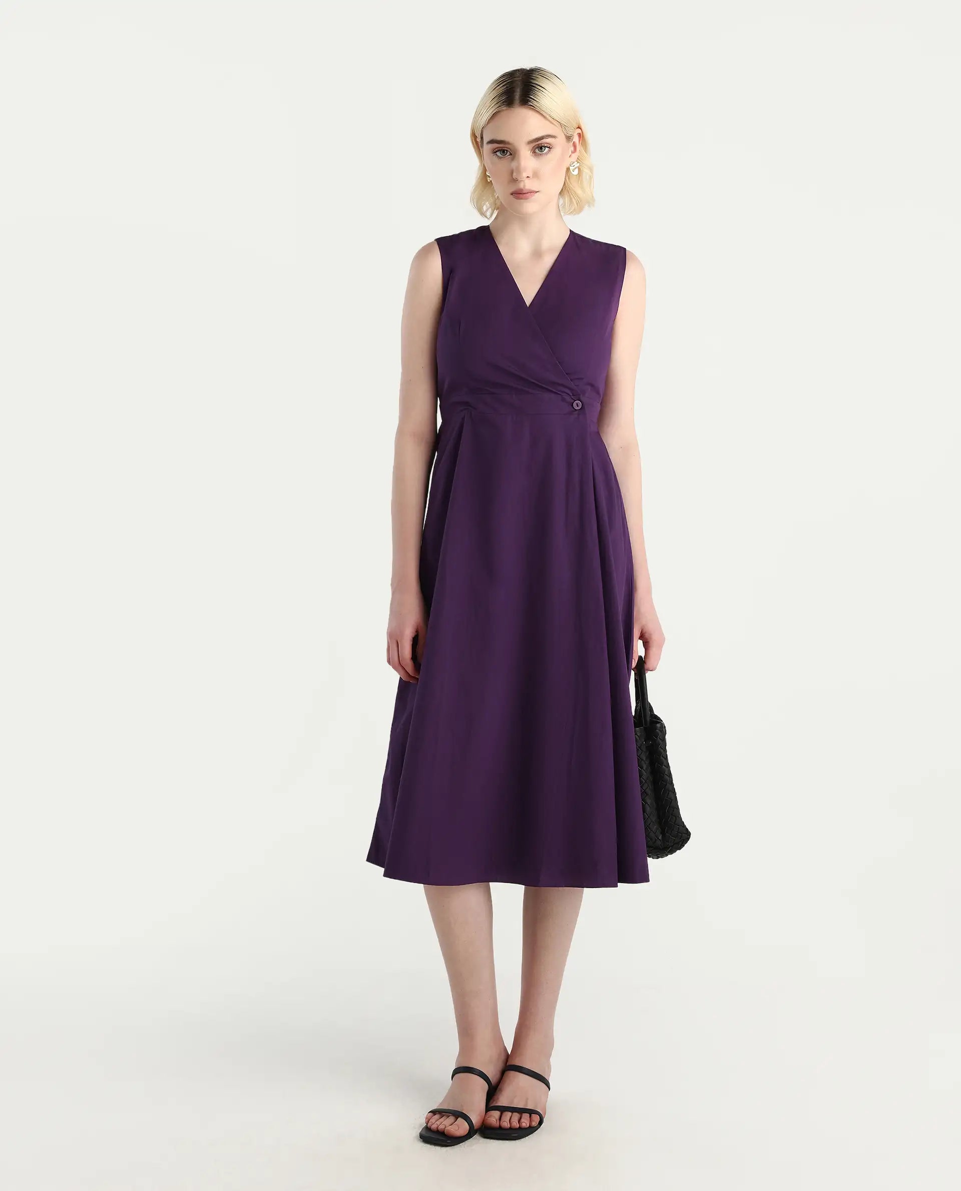 Rareism Women's Elmos Purple Cotton Sleeveless V-Neck A-Line Fit Plain Midi Dress