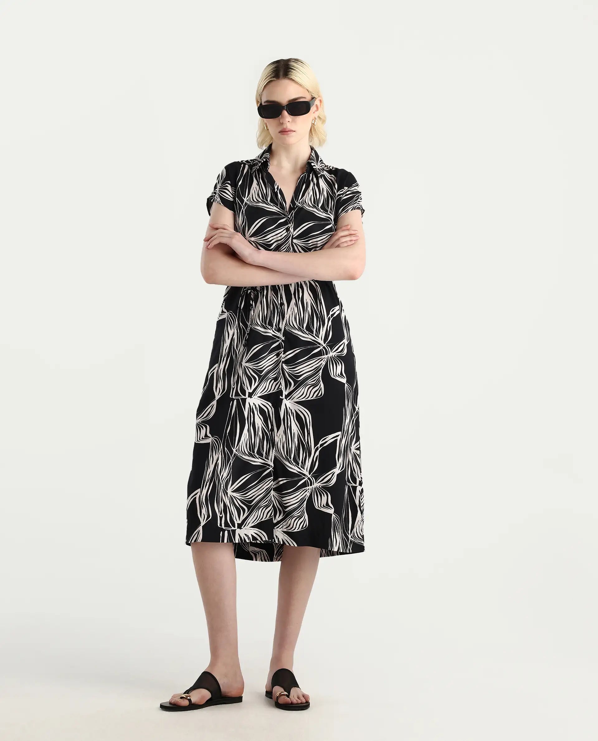 Rareism Women's Eloge Black Viscose Collared Neck A-Line Printed Midi Dress