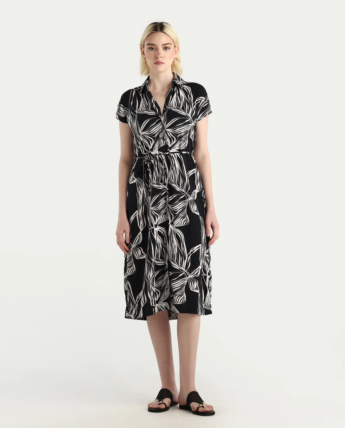 Rareism Women's Eloge Black Viscose Collared Neck A-Line Printed Midi Dress