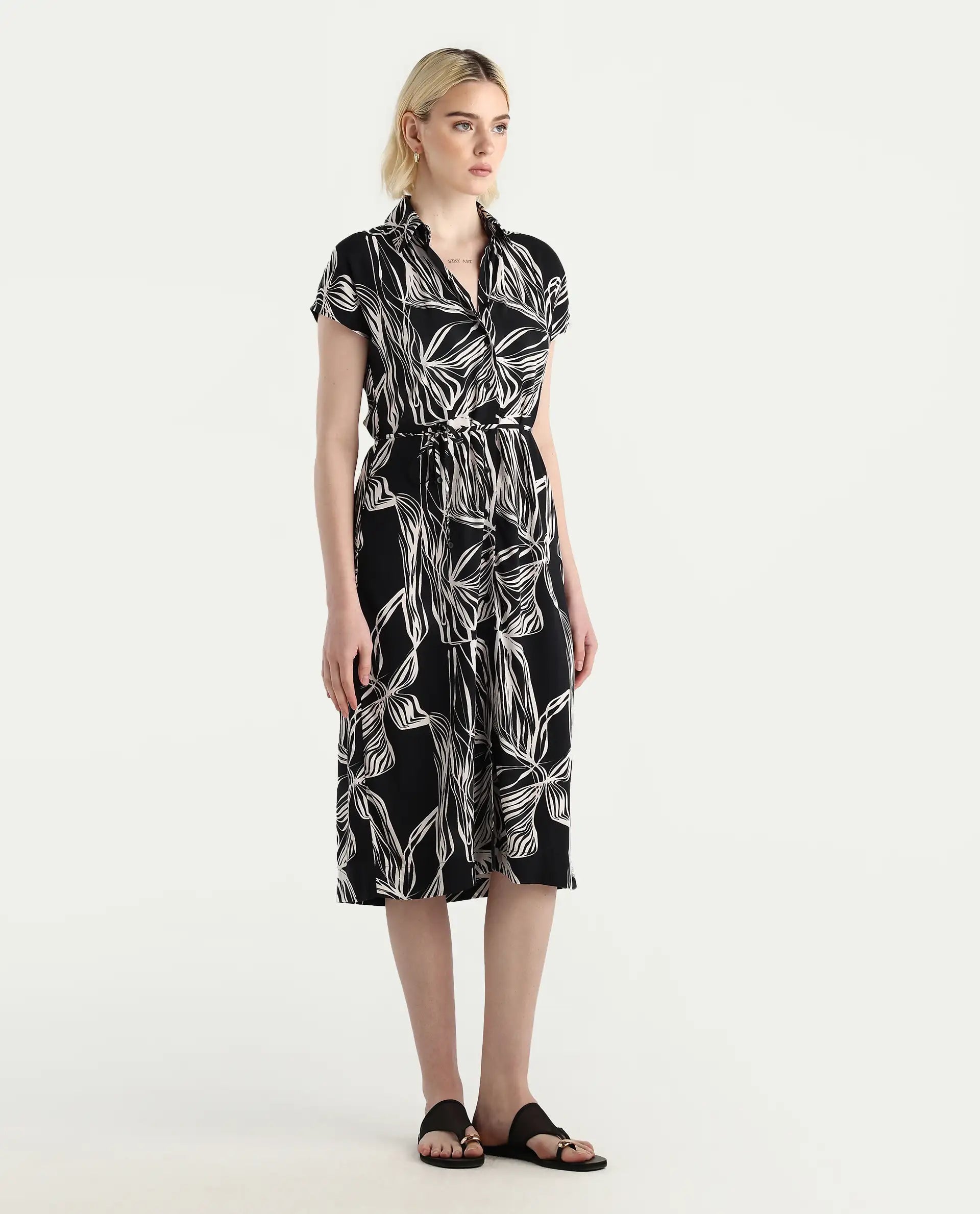Rareism Women's Eloge Black Viscose Collared Neck A-Line Printed Midi Dress