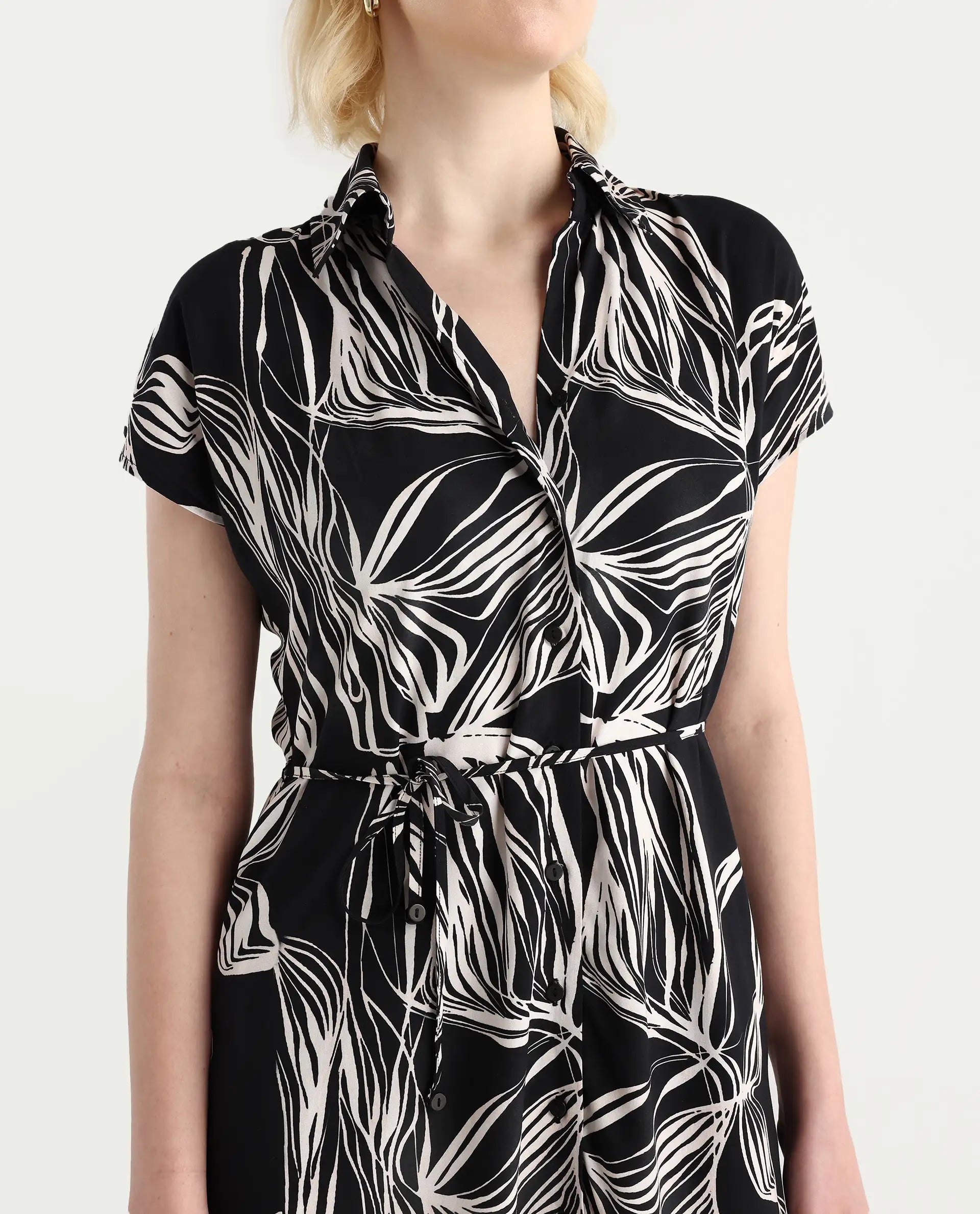 Rareism Women's Eloge Black Viscose Collared Neck A-Line Printed Midi Dress
