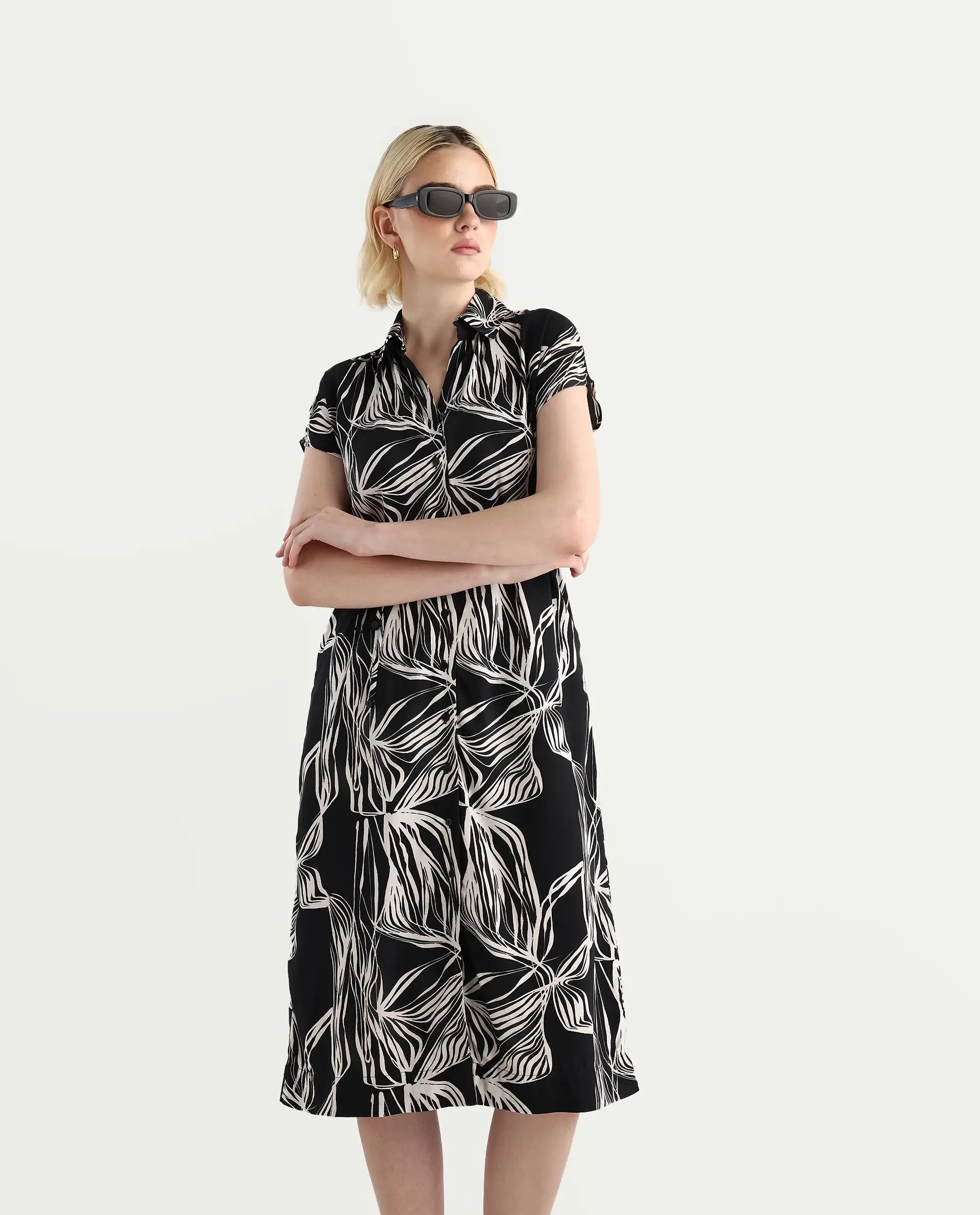 Rareism Women's Eloge Black Viscose Collared Neck A-Line Printed Midi Dress