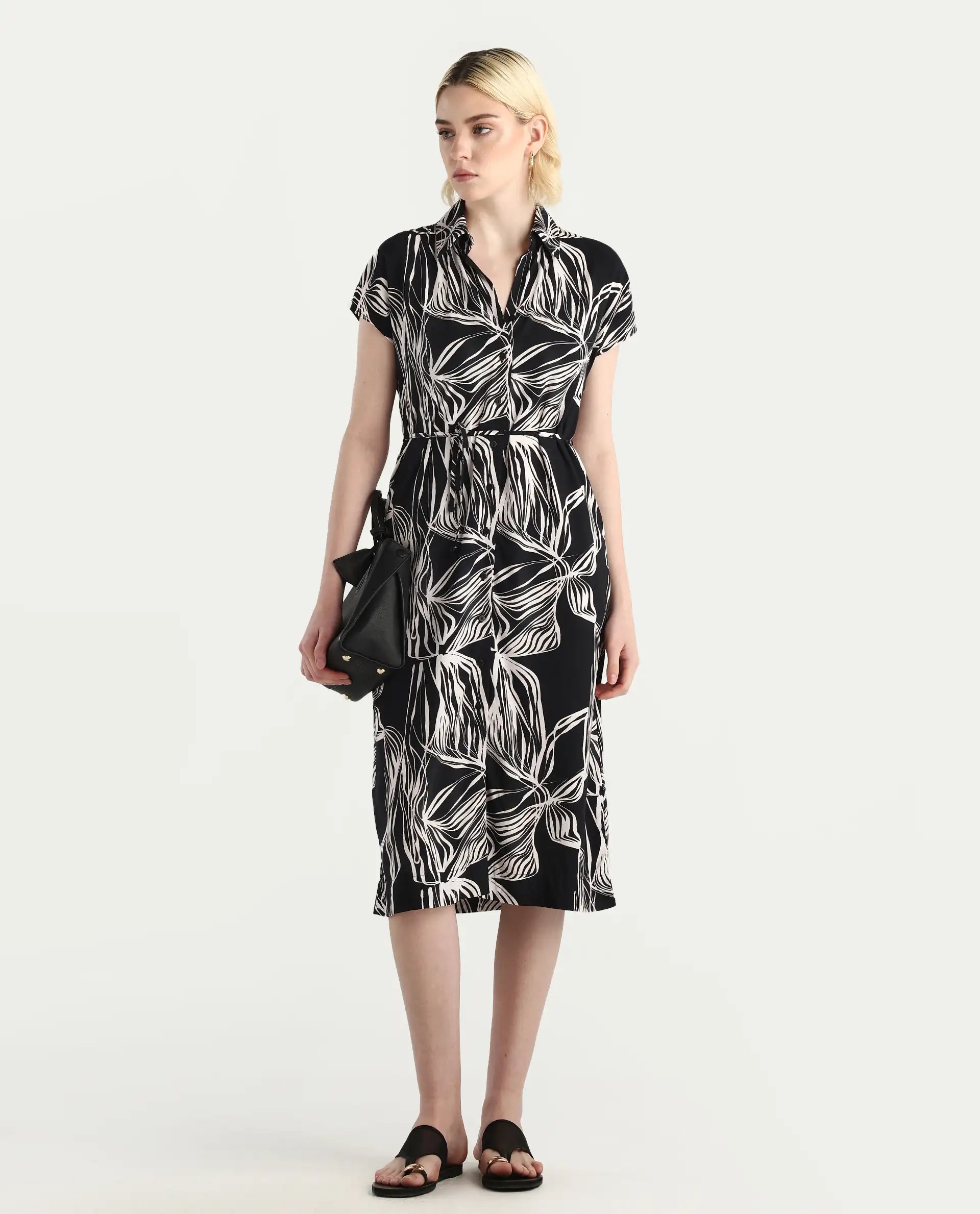 Rareism Women's Eloge Black Viscose Collared Neck A-Line Printed Midi Dress