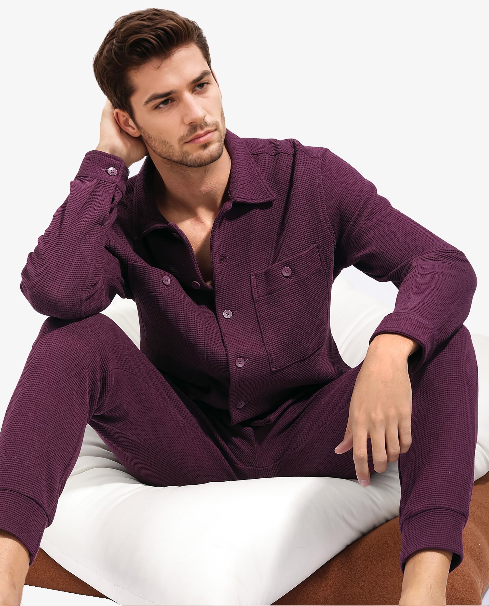 Rare Rabbit Men's Elric Dark Purple Regular Collar Waffle Knit Shacket