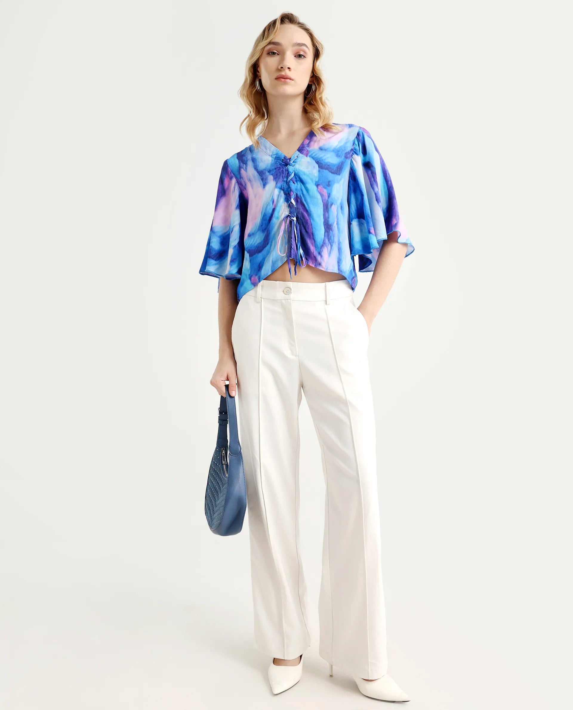 Rareism Women's Eltop Blue Polyester V-Neck Abstract Print Flared Sleeve Crop Relaxed Fit Top