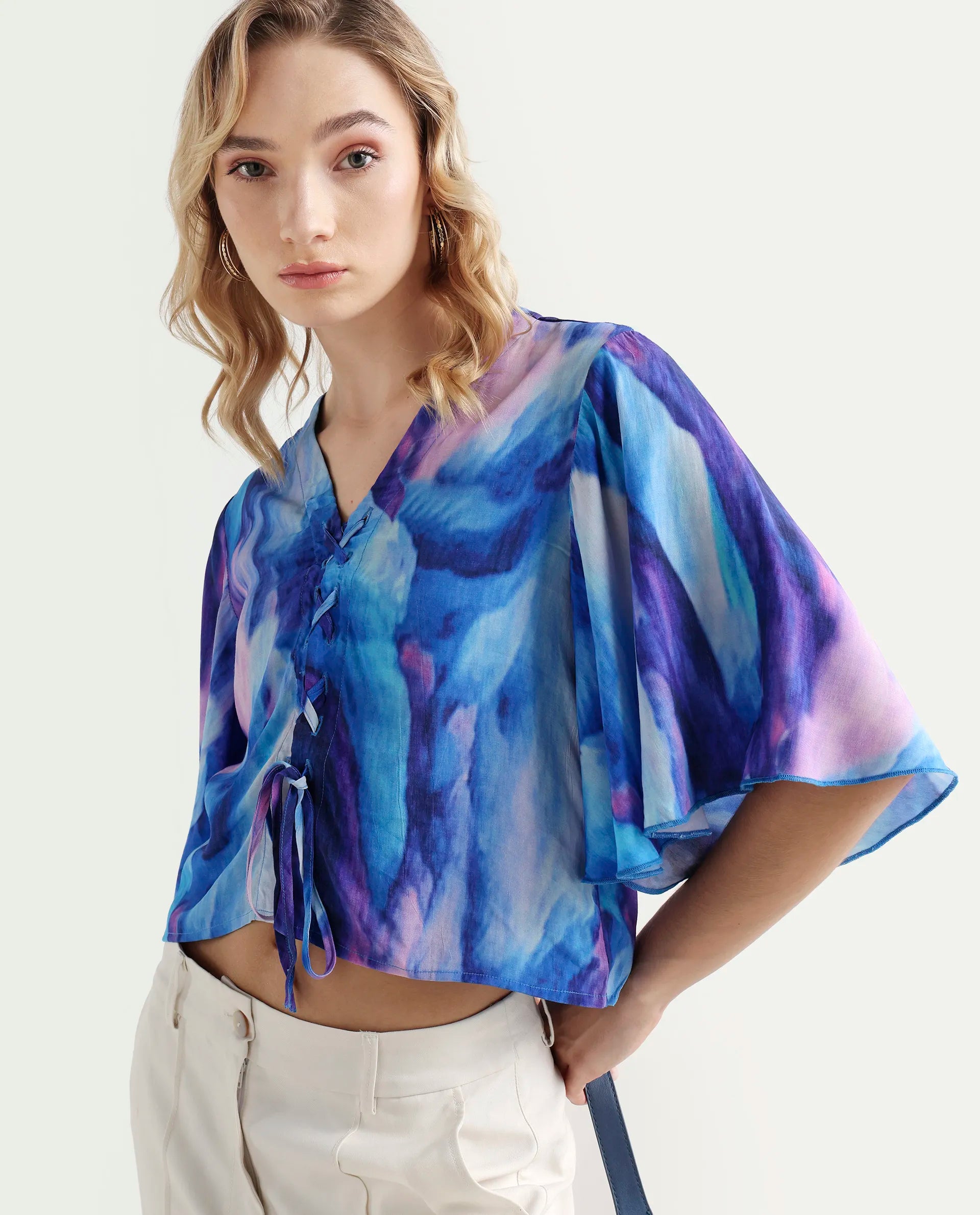 Rareism Women's Eltop Blue Polyester V-Neck Abstract Print Flared Sleeve Crop Relaxed Fit Top