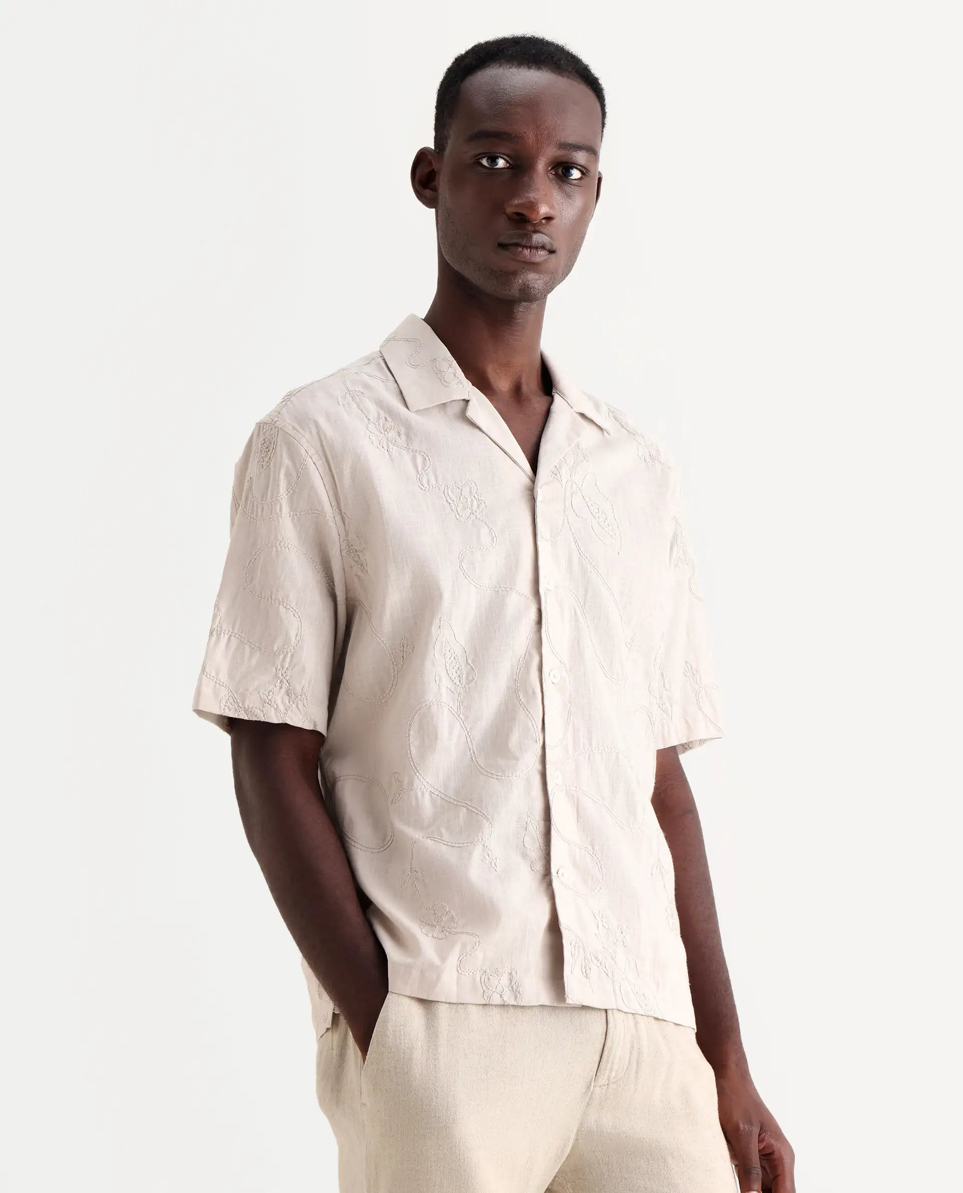 Rare Rabbit Men's Embi Beige Cotton Embroidered Boxy Fit Half Sleeve Cuban Collar Shirt