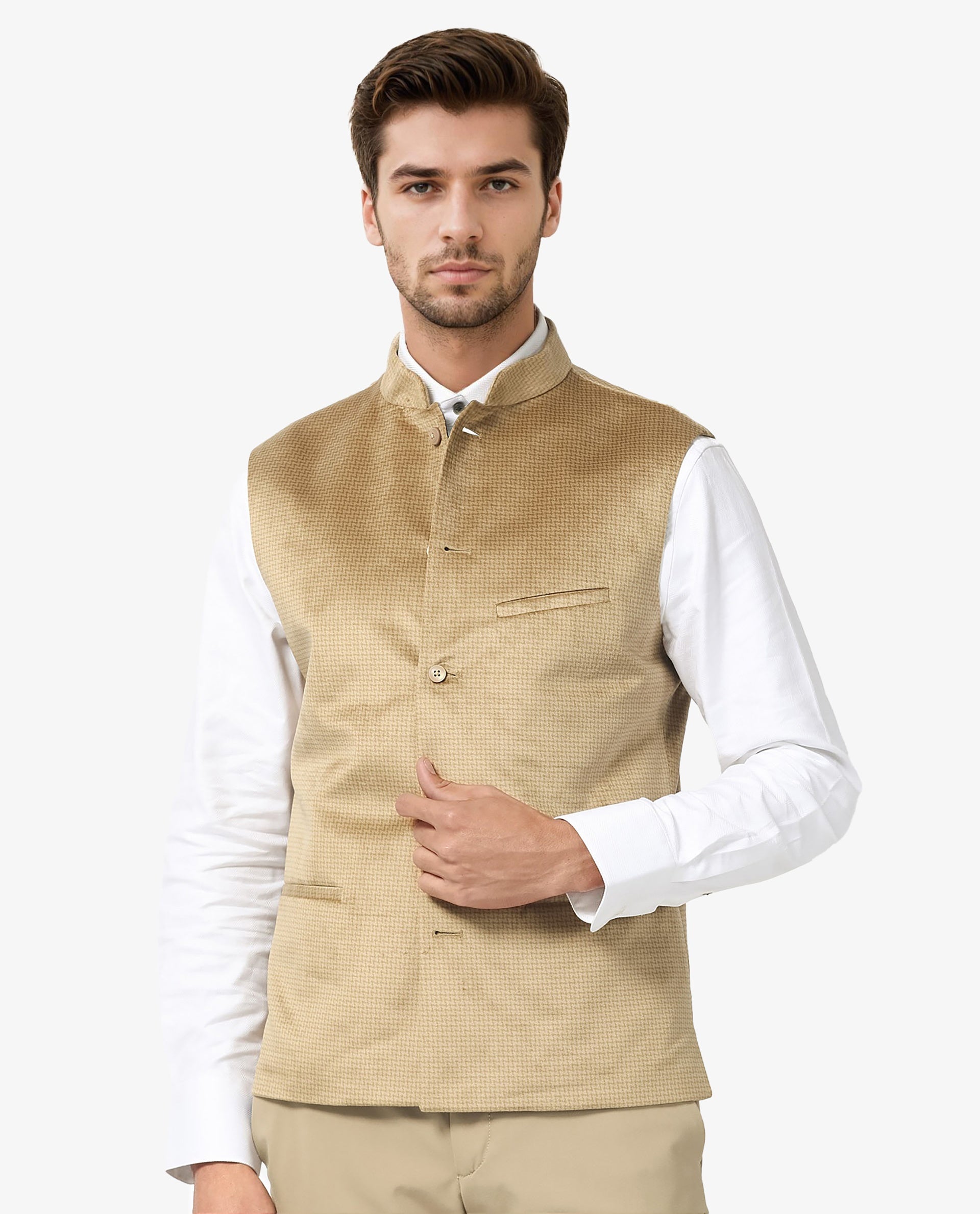 Rare Rabbit Men's Emerald Light Beige Mandarin Collar Sleeveless Textured Velvet Bandi