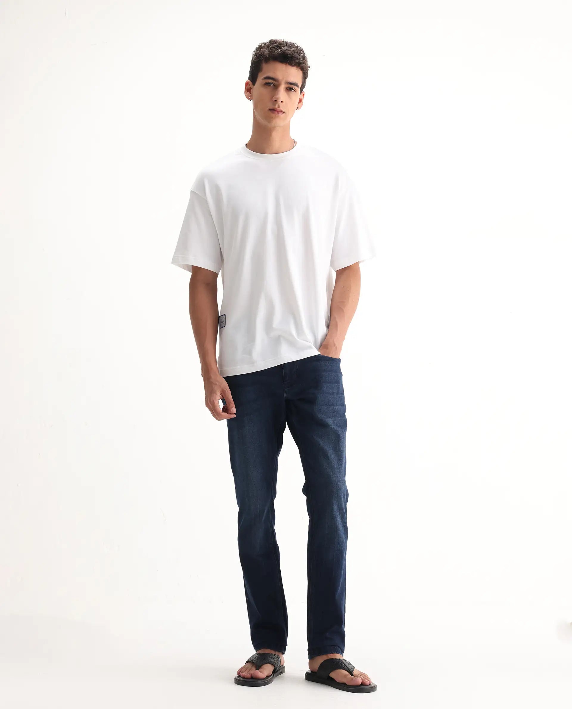 Rare Rabbit Men's Emil Dark Blue Cotton Blend Plain Hawk Slim Fit Jeans