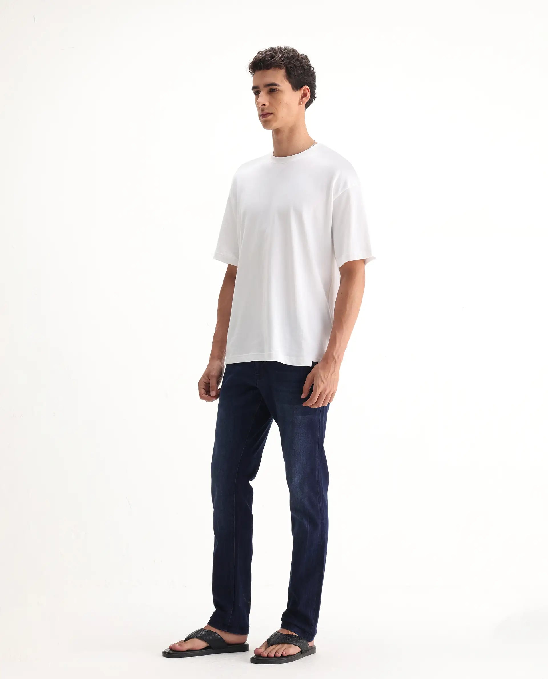 Rare Rabbit Men's Emil Dark Blue Cotton Blend Plain Hawk Slim Fit Jeans