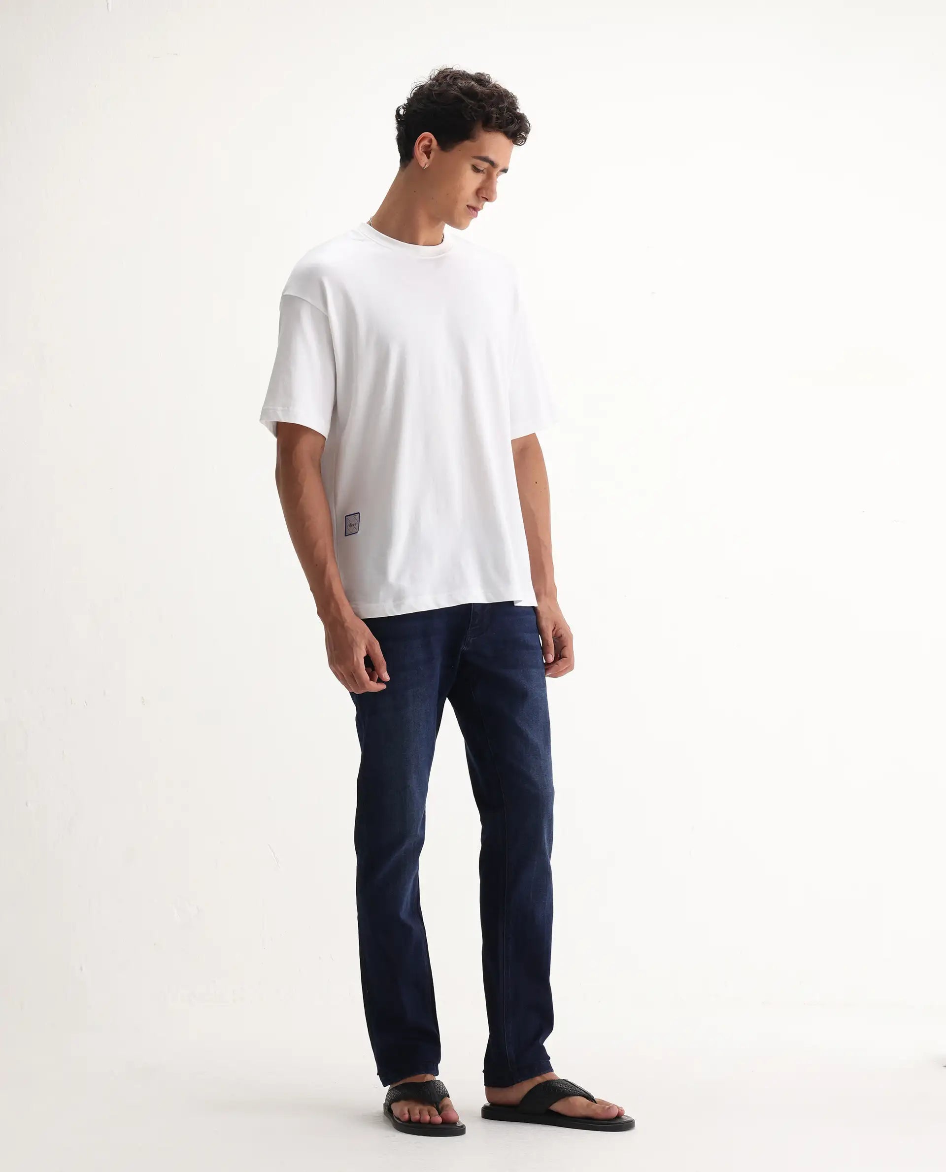 Rare Rabbit Men's Emil Dark Blue Cotton Blend Plain Hawk Slim Fit Jeans